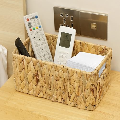 Miniatura 5 de HOONEX Cestas de almacenamiento de jacinto de agua, cestas de mimbre para almacenamiento, cestas tejidas a mano con asas de transporte, juego de 2,