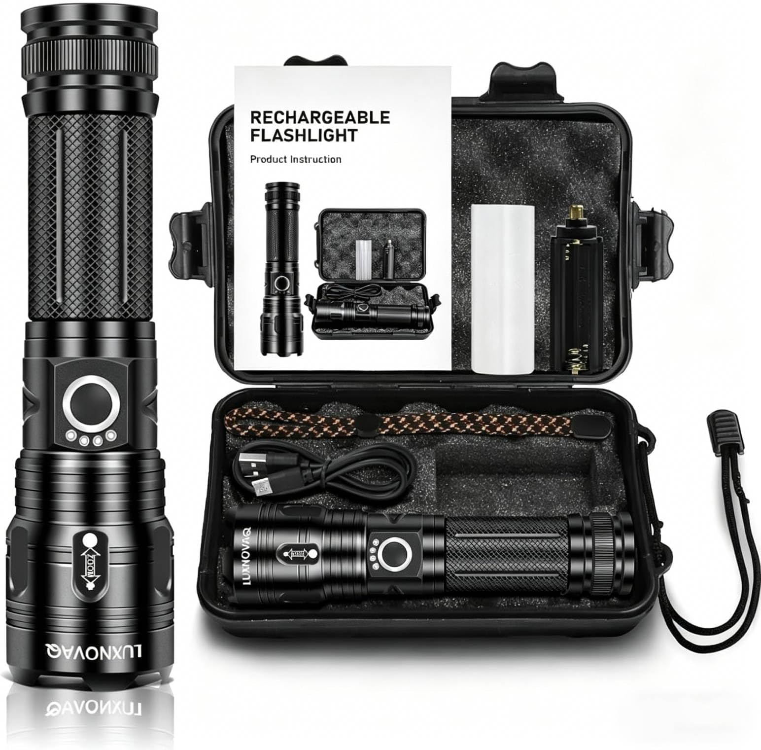 900000 Lumens Rechargeable LED Torch,XHP70 Torches Led Super Bright,Powerful LED Flashlight,Tactical Handheld Flashlights with 5 Modes,Waterproof Adjustable Camping Torch for Hiking,Emergency