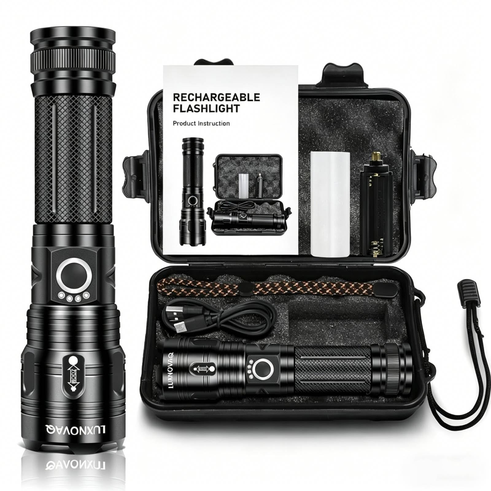 Luxnovaq Black 900000 Lumens Rechargeable Led Torch,Xhp70 Torches Led Super Bright,Powerful Led Flashlight,Tactical Handheld Flashlights With 5 Modes,Waterproof Adjustable Camping Torch For Hiking,Emergency