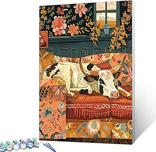 Leisure Cow Laying on Sofa Oil Painting Paint by Number Kits 16 x 20 inch Canvas Cattle Animal in Flower Room DIY Painting for Kids Students Adults Beginner with Brushes Acrylic Pigment(without Frame)