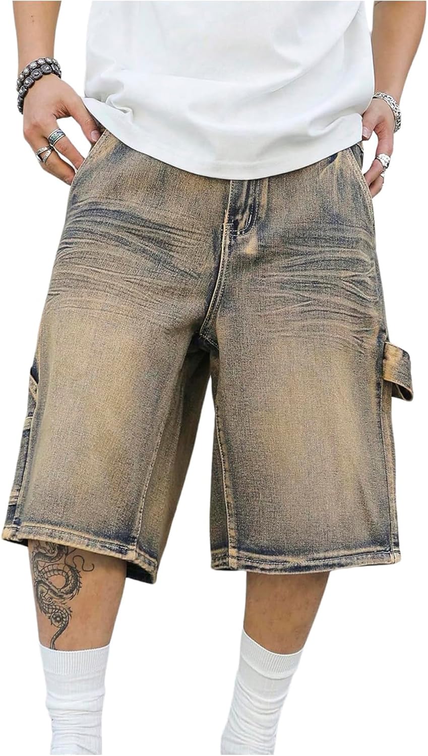 Verdusa Men's Baggy Jorts Vintage Jean Shorts Distressed Wide Leg Bermuda Denim Shorts with Pockets
