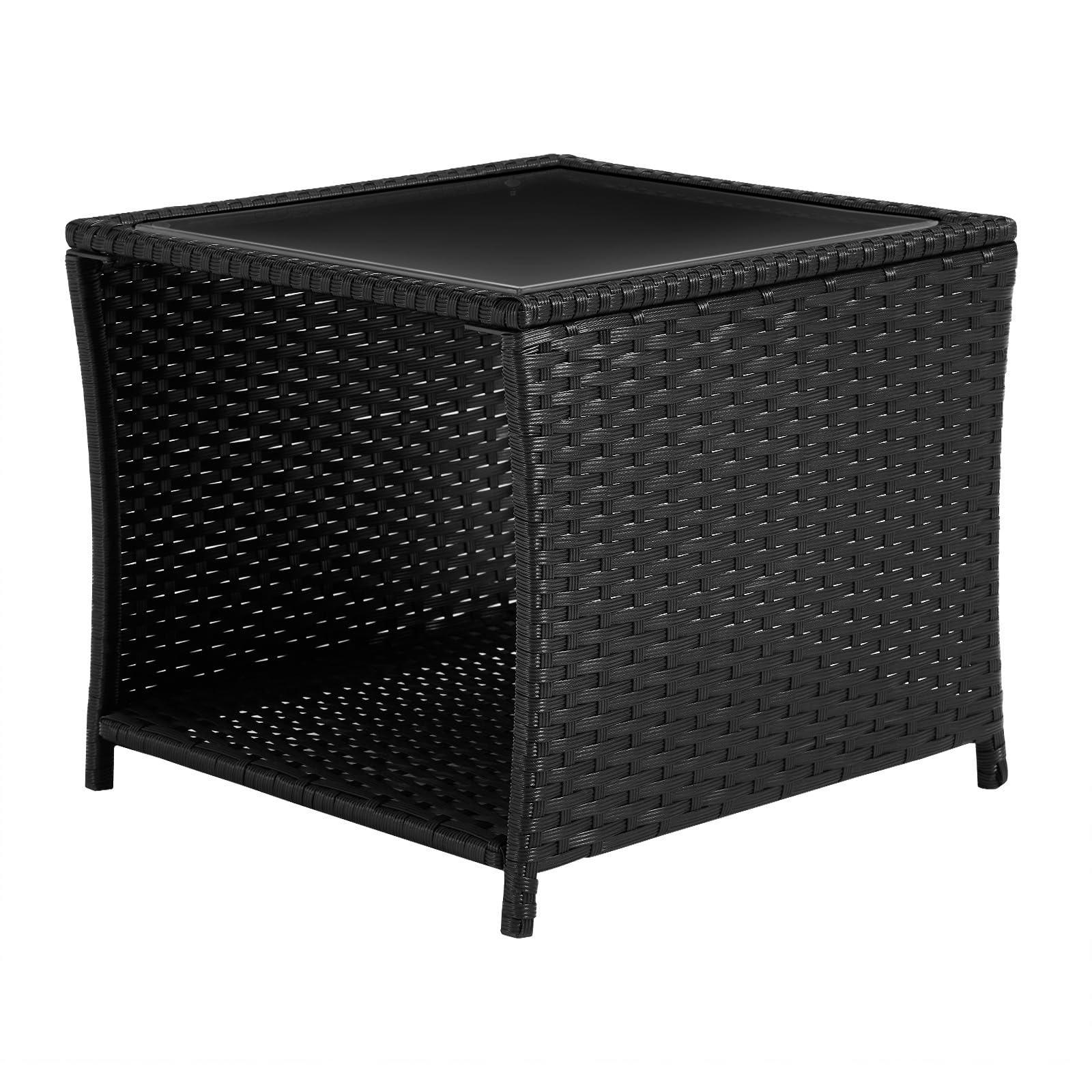 WOLTU Polyrattan Gartentisch, 45x40x45 cm, Beistelltisch mit Glasplatte offenem Fach, Balkontisch wetterfest, Terrassentisch, Outdoor Tisch, Schwarz