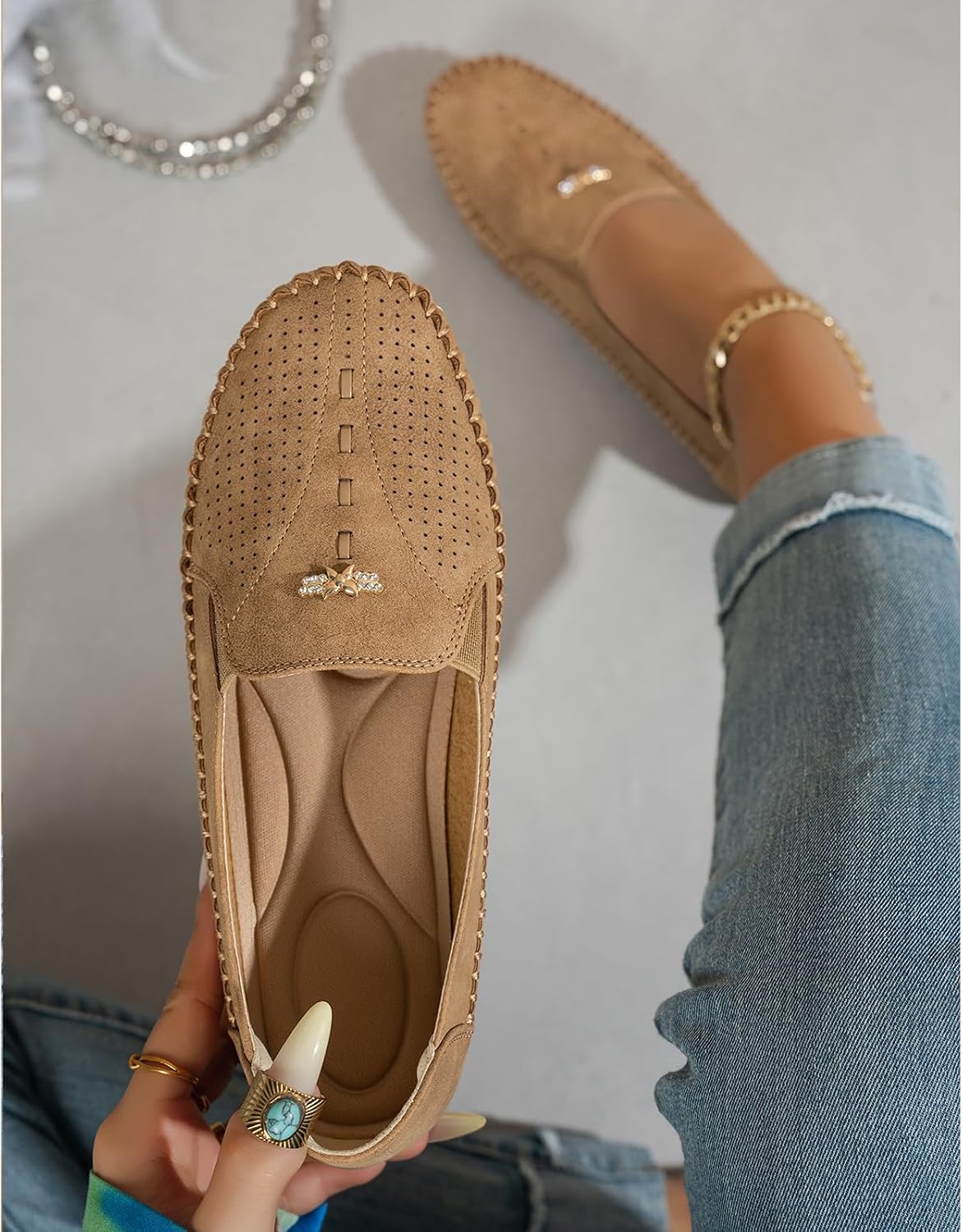 Women's Suede Penny Loafers Breathable Perforated Slip-On Moccasins Lightweight Soft Sole Non-Slip Hand-Stitched Flat Loafers