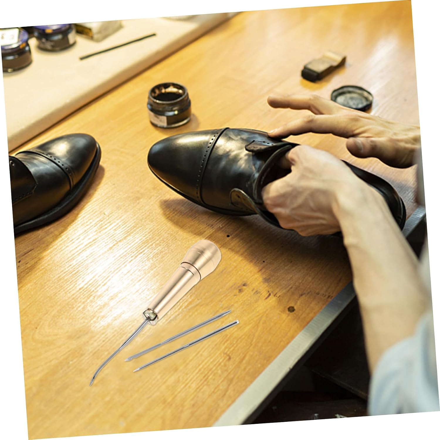 1set Copper Handle Leather Sewing Awl Kit Hooked Needle for Shoe Repair Hand Stitching Tool for Leather Crafting and Mending Soles