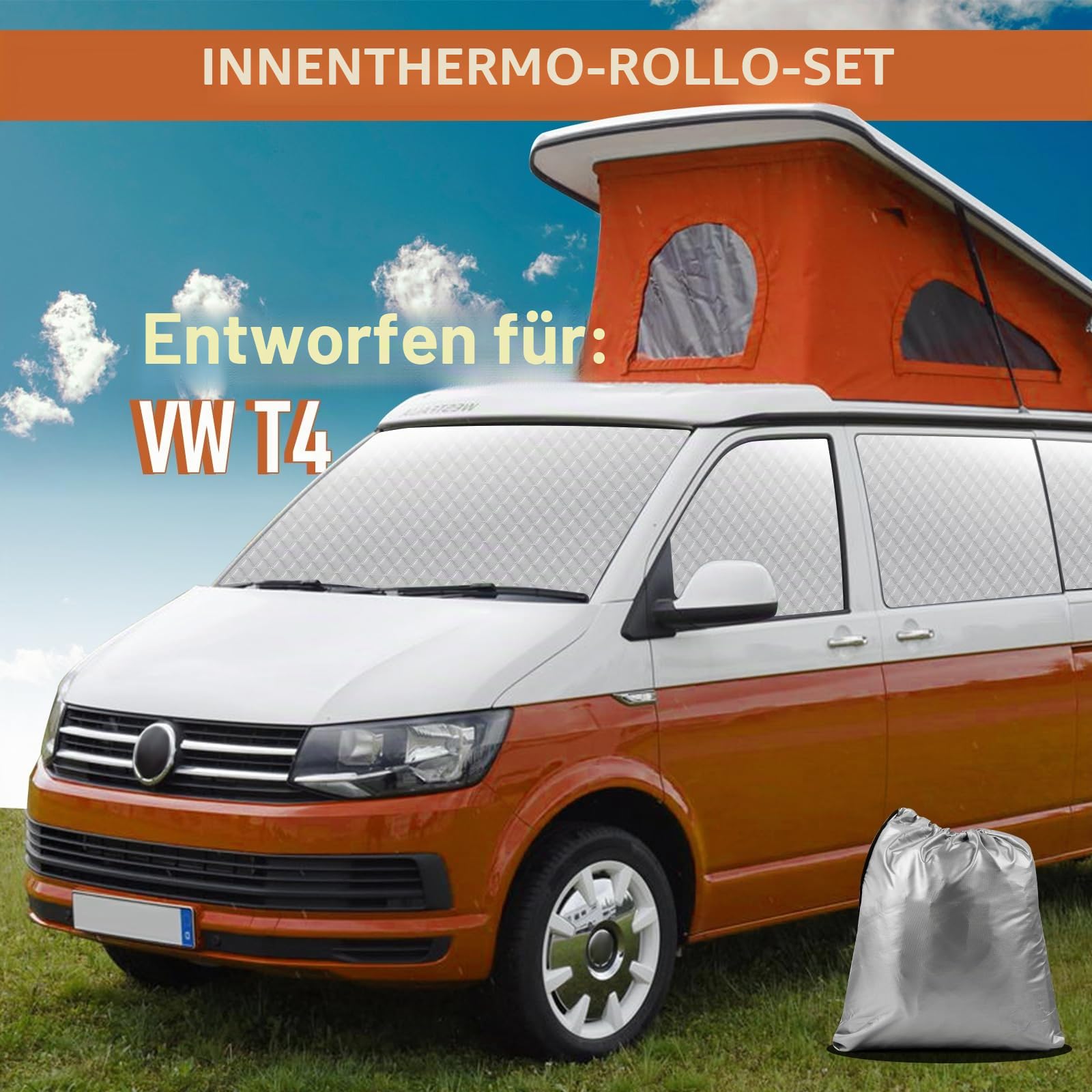 Set mit 8 thermischen Innenrollos für VW T4 SWB, Luxus-Sonnenblenden-Abdeckungs-Kit, UV-Rollo für den Sommer und Winterisolierungsabdeckung, Frontfenster-Bildschirmabdeckungen