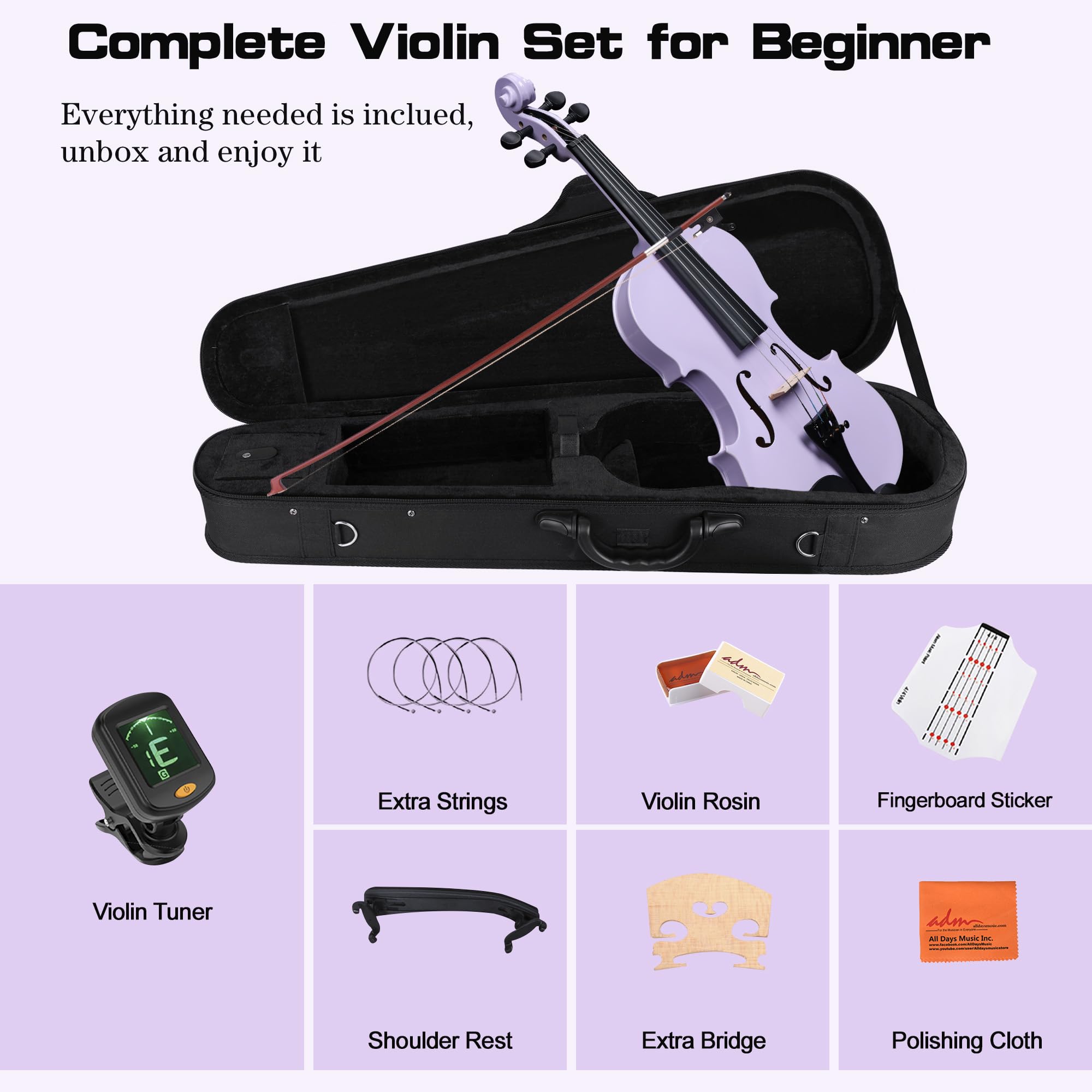 ADM Violino acustico per bambini principianti, violino acustico di misura 1/2 per adolescenti e studenti, kit di violino con custodia rigida, colofonia, spalliera, arco, leggio e corde, viola