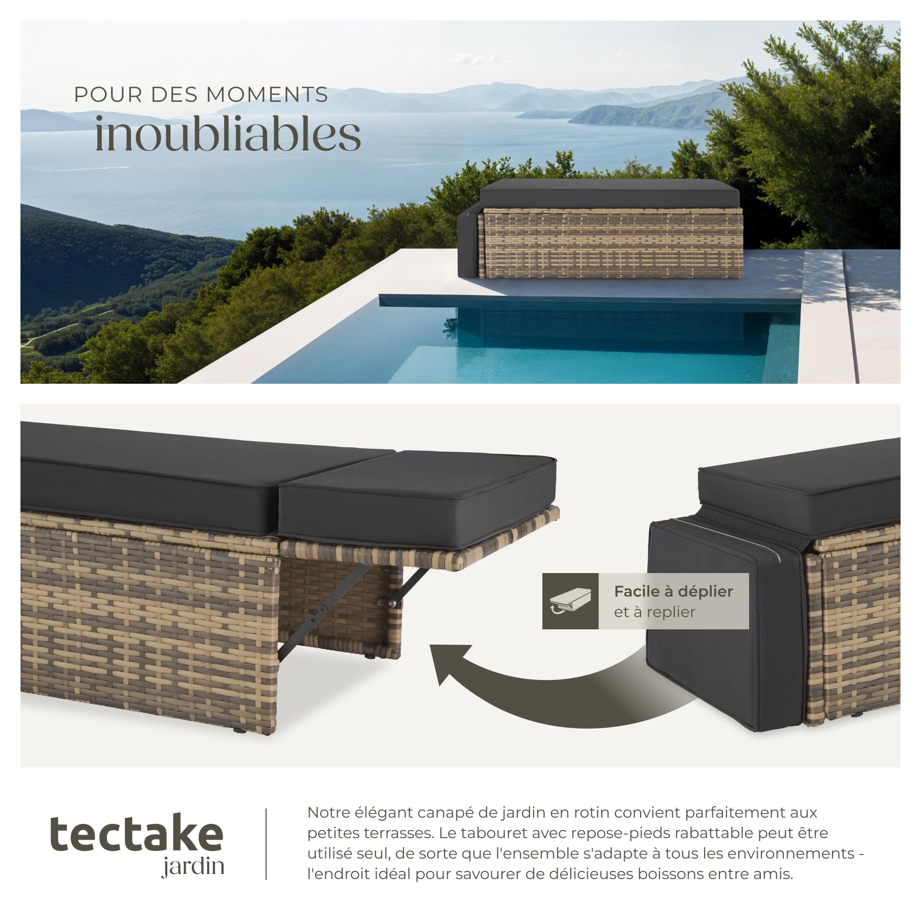 Tectake Salon de Jardin Poly Rotin Modulable Bain de Soleil 2 Places 1 Canapé 1 Tabouret Pouf Repose-pieds Inclinable