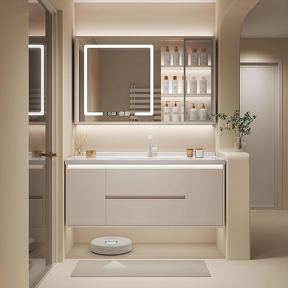 Modern Wall Mounted Floating Bathroom Vanity with Integrated Ceramic Sink, No Assembly Required, Hanging LED Intelligent Lighted Sensor and Demisting Mirror, Cabinet Spaces