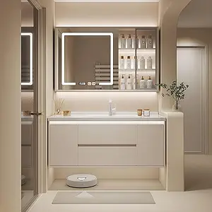 Modern Wall Mounted Floating Bathroom Vanity with Integrated Ceramic Sink, No Assembly Required, Hanging LED Intelligent Lighted Sensor and Demisting Mirror, Cabinet Spaces