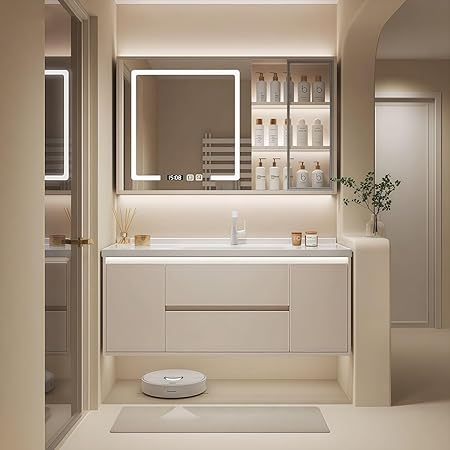 Modern Wall Mounted Floating Bathroom Vanity with Integrated Ceramic Sink, No Assembly Required, Hanging LED Intelligent Lighted Sensor and Demisting Mirror, Cabinet Spaces