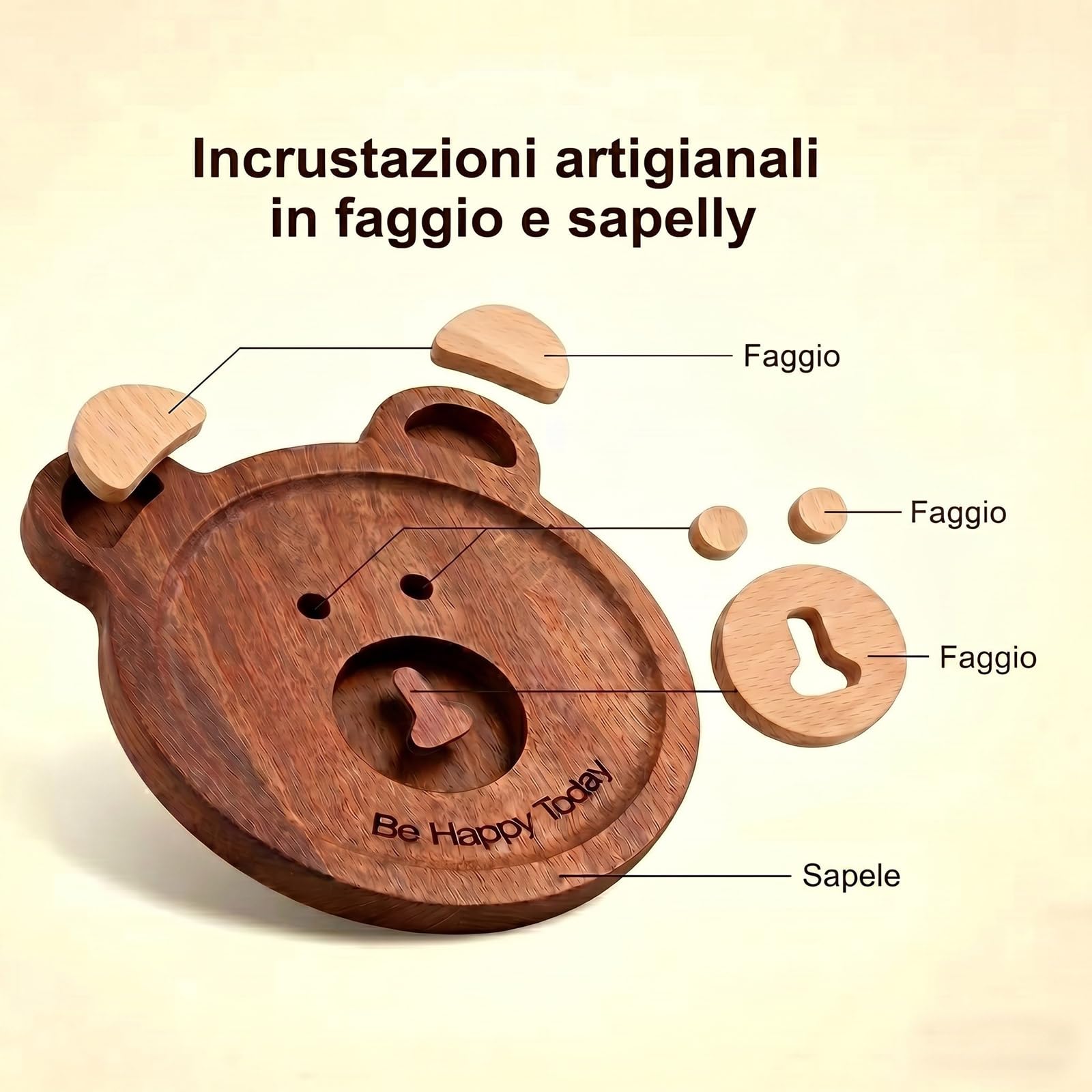 Set 6 sottobicchieri legno rotondi orso incastonato mano 11,5x9,5x1 cm marrone scuro