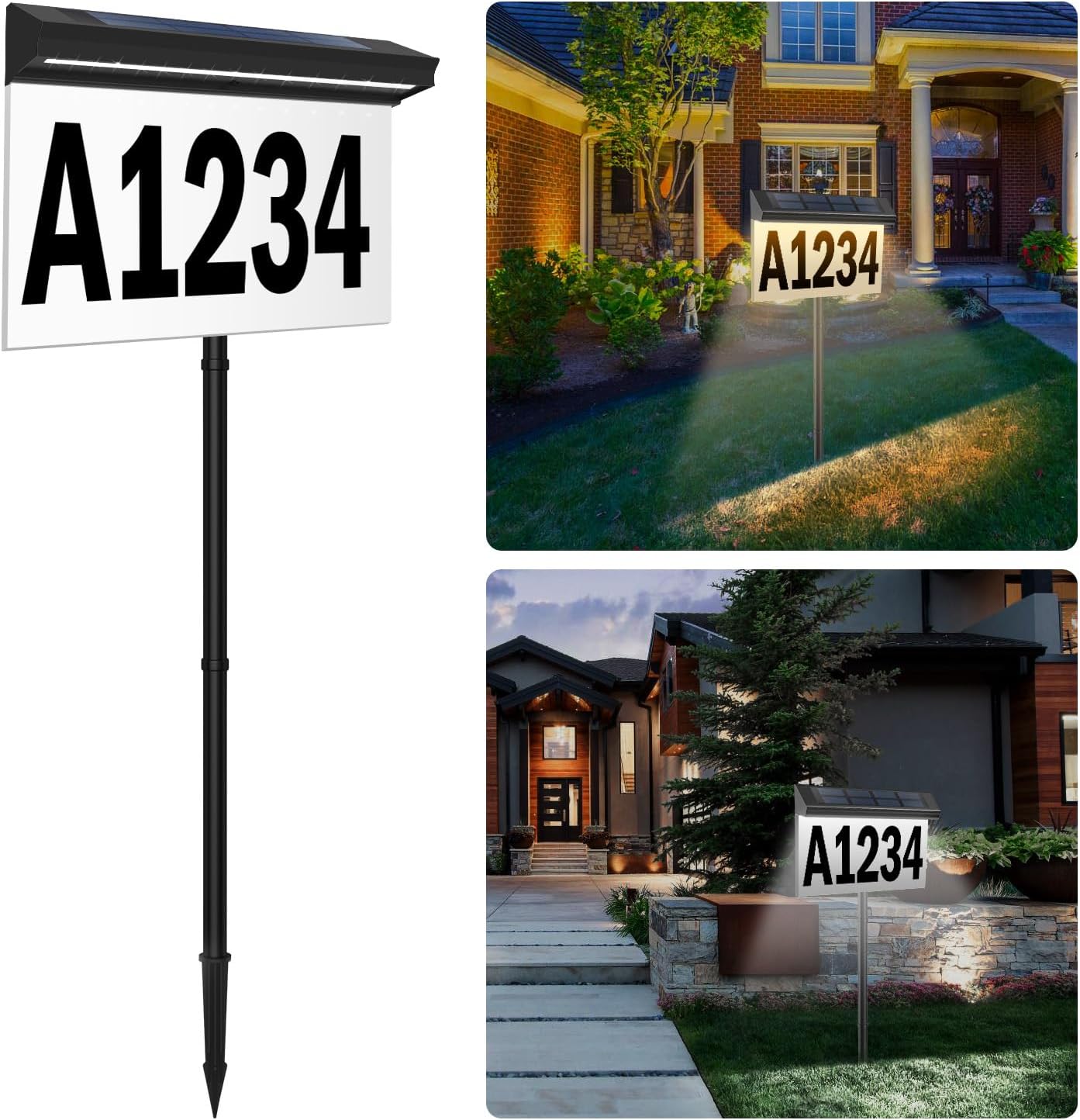 T-SUN Solar House Number Sign for Outside Light Up Solar Address Sign with Stake, Led Illuminated Home Number, Cold/Warm White Waterproof Wall Mounted/In Ground for Yard Street Driveway Markers