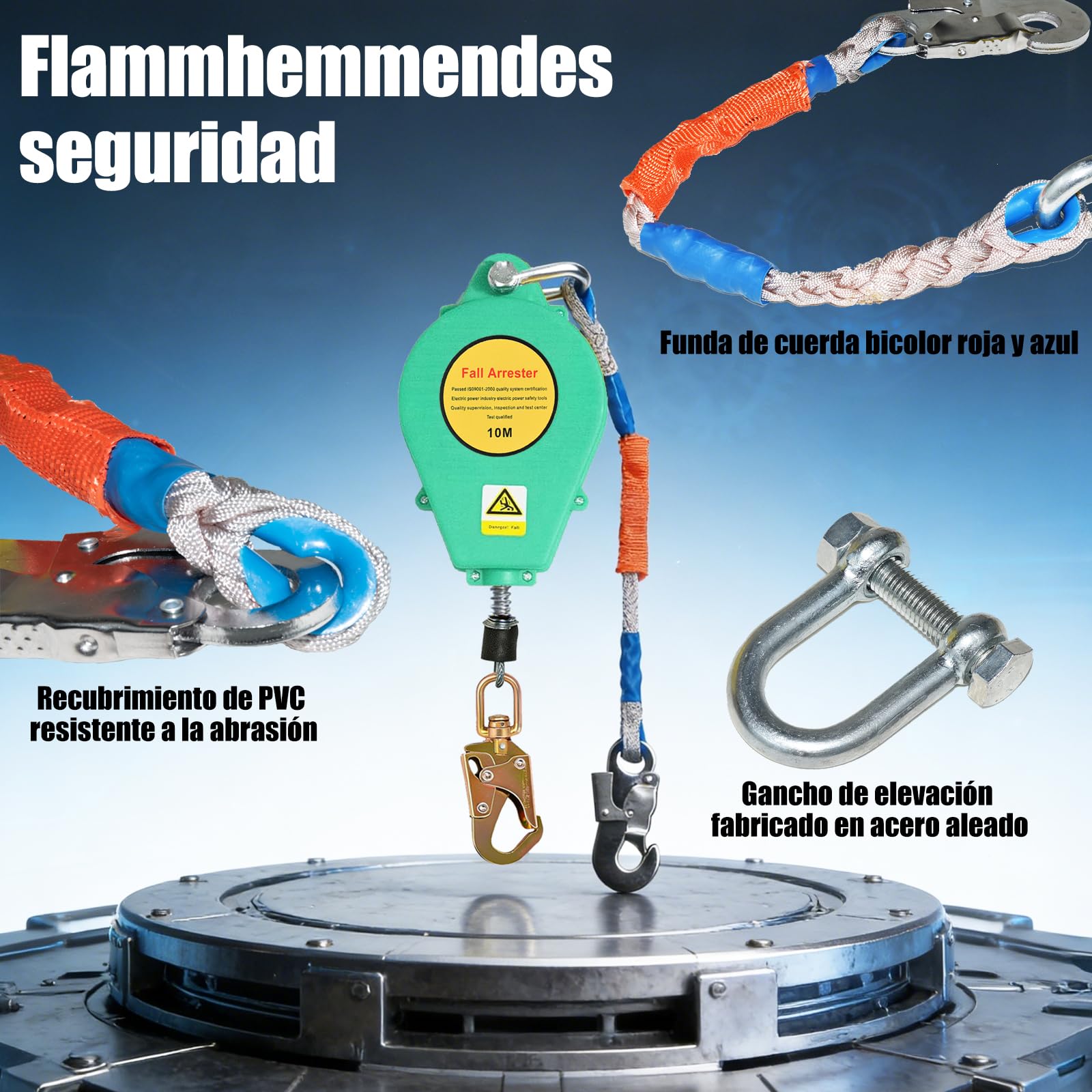 Dispositivo Anticaídas Retráctil, Dispositivo de Seguridad en Altura 10 M | 360°Gancho de Seguridad Industrial, Ideal Para Construcción, Mantenimiento y Arnés Escalada