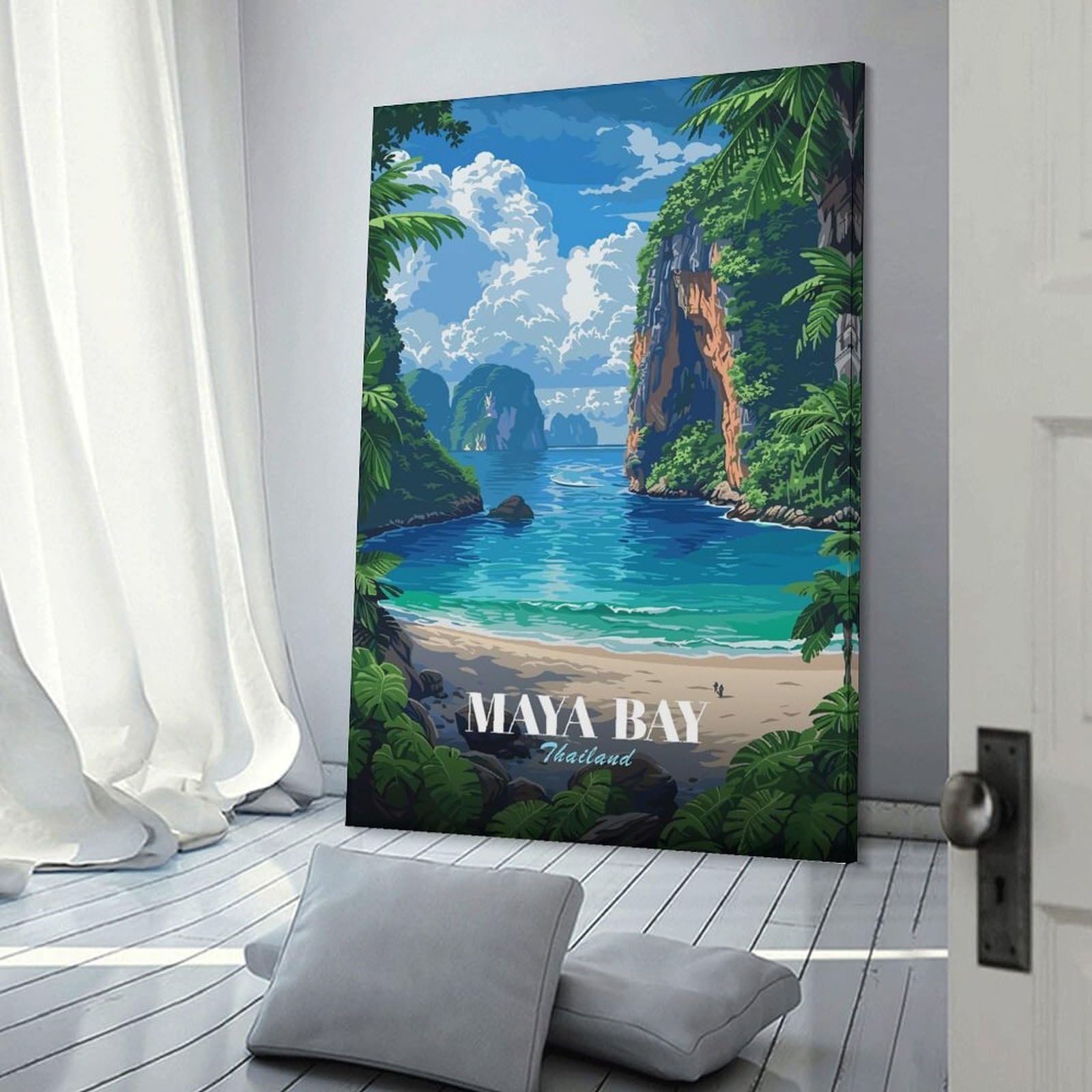 Junmoney Frame-Style-16 Canvas Wall Art Maya Bay, Thailand, Tropical Paradise, 24X36inch(60X90cm), For Bedroom, Lounge Or Dressing Area, Canvas Wall Decor For Personal Spaces