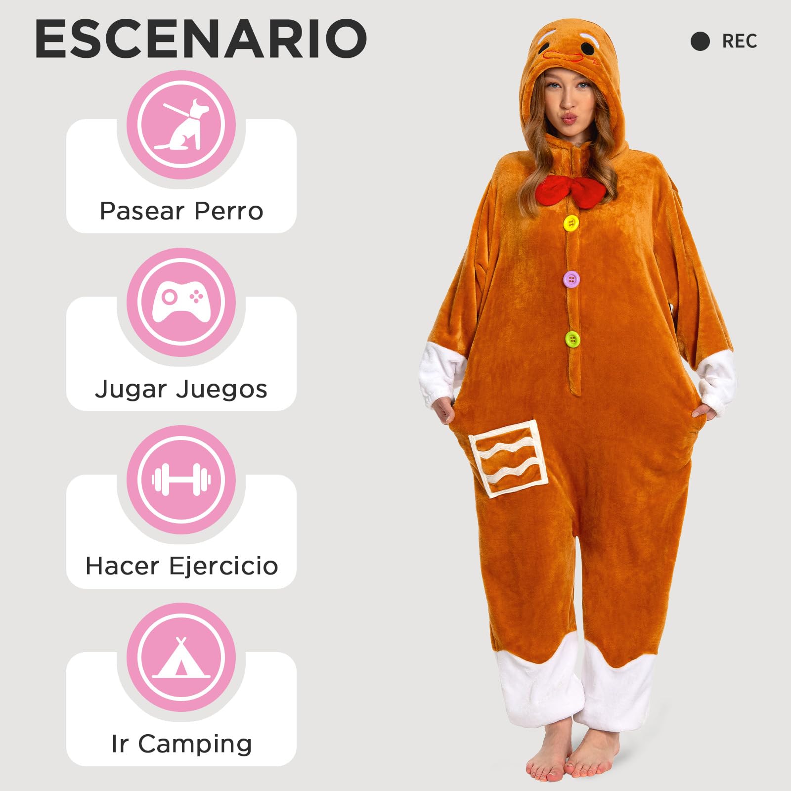 OLAOLA Pijama Entero Adulto Reno Pan de Jengibre Navideño, Felpa Suave Unisex para Carnaval, Navidad, Halloween