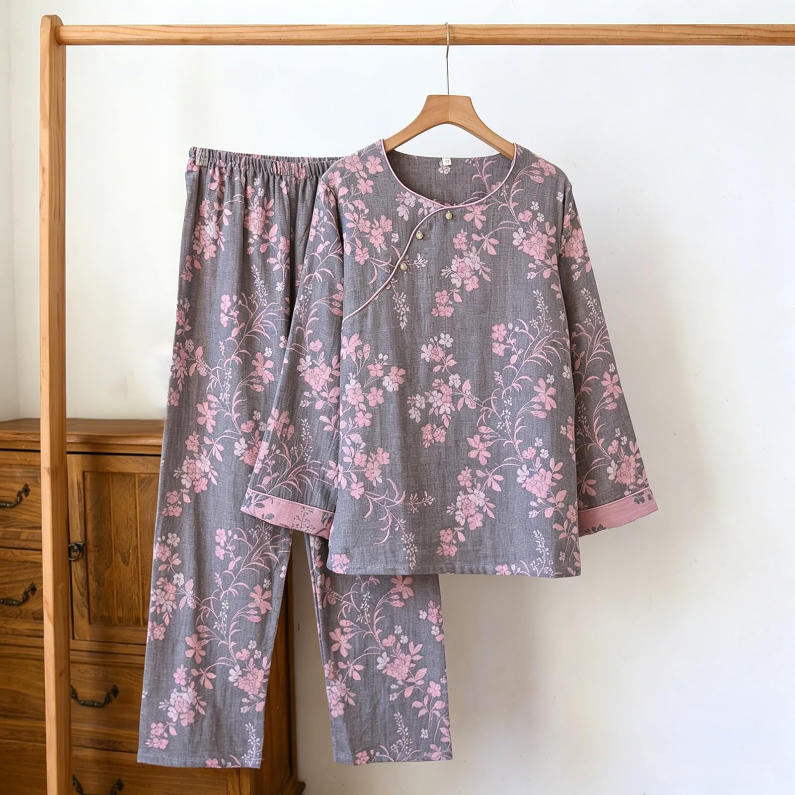 Hausanzug Damen Elegant Set - Schlafanzug Damen 3/4 Hose Weites Bein Pyjamahose Vintage Bedrucktes Pyjama Rundhalsausschnitt Hosenanzug Oversized Loungewear Bequem Pyjama 2-Teilig Freizeitanzug