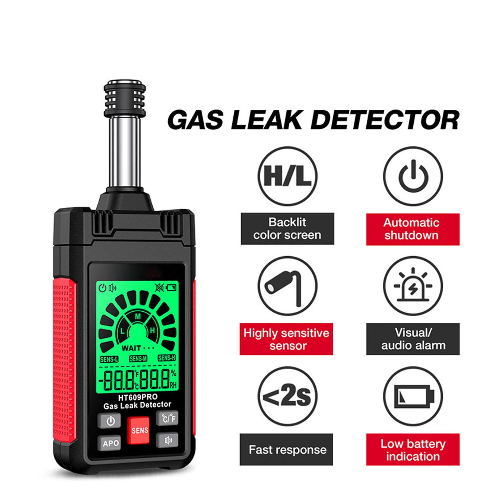 Aramox Détecteur de Gaz à Main, Matériau ABS, Double Alarmes, Faible Consommation, pour la sécurité Domestique, Testeur Portable