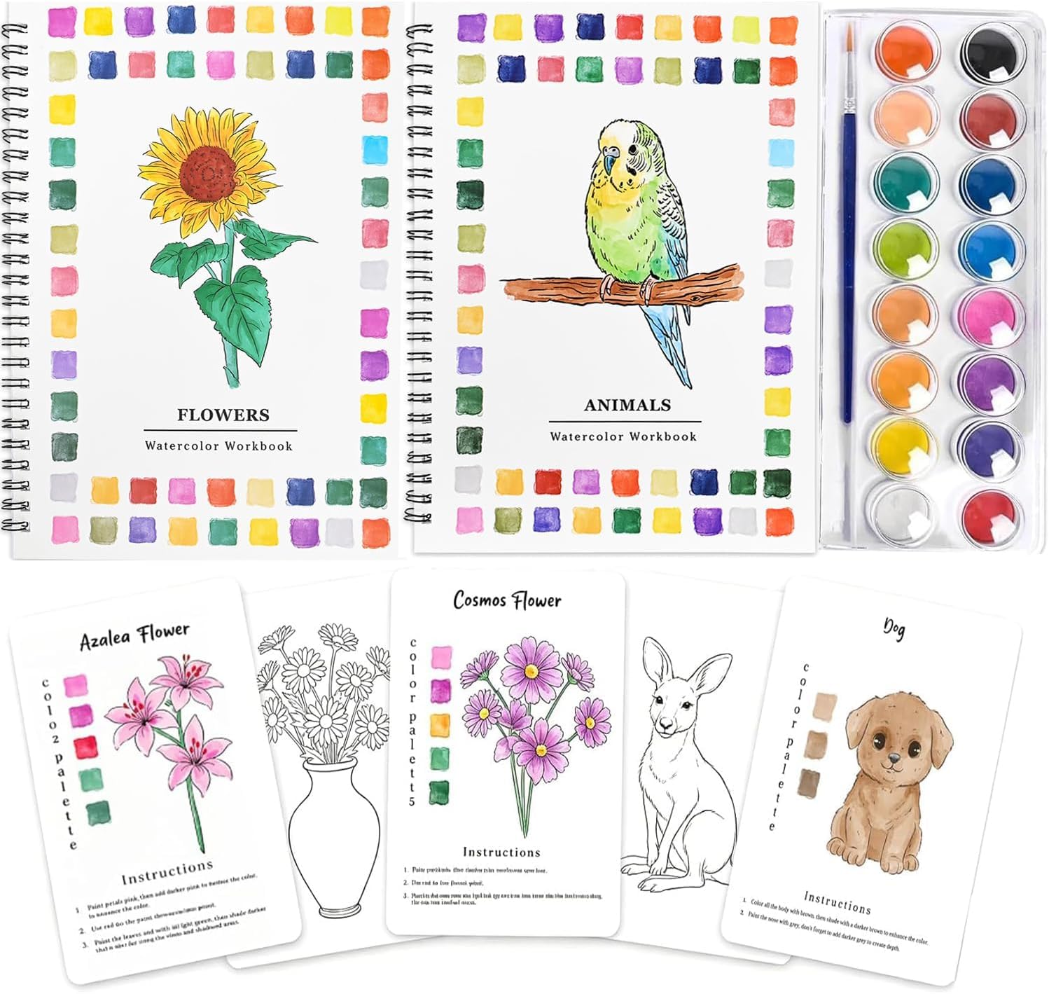 2 Pack Watercolour Workbooks Set,16 Colors 30 Beautiful Painting, Pre-Outlined Designs, Easy Watercolor Art Book for Adults and Teens(Flower&Animal)