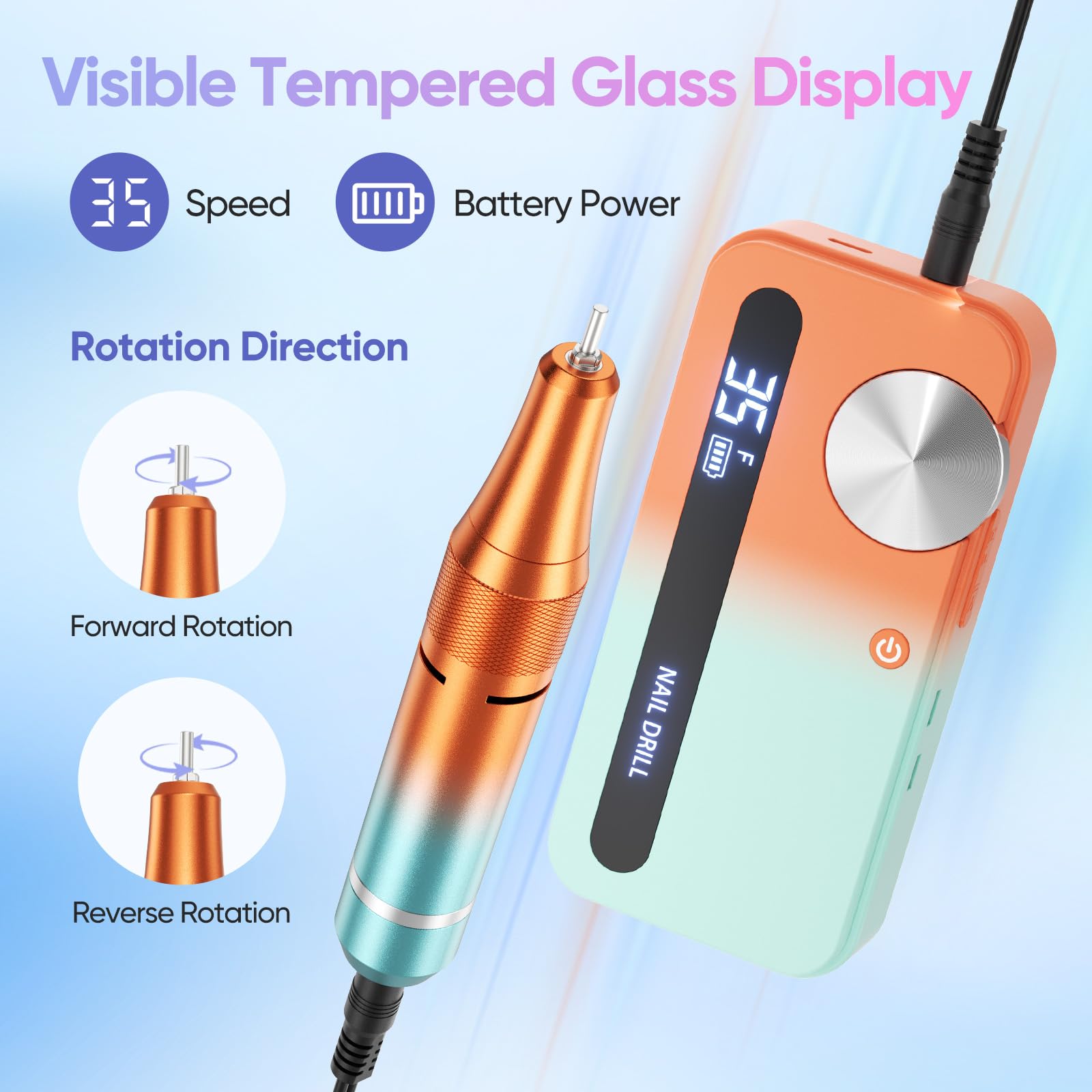 Fresa elettrica per unghie con 12 inserti lucidanti e 30 nastri abrasivi, 0-35.000 giri/min per manicure e pedicure per tagliare, limare, modellare e curare unghie e cuticole, Regolabile (Arancione)