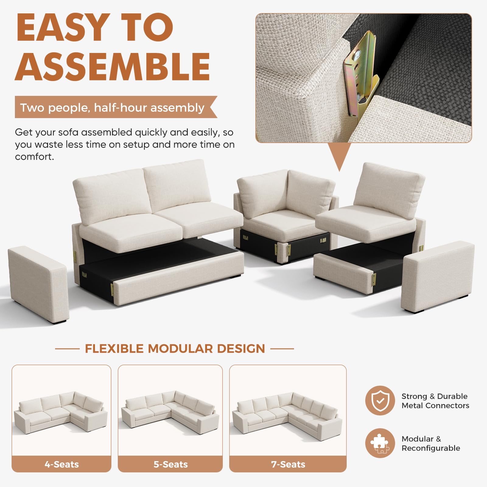 Modernes Sofa für Wohnzimmer, bequem, 2-Sitzer mit breiten Armlehnen, dicker, atmungsaktiver Leinenstoff, ideal für Wohnung und Büro, 210 cm