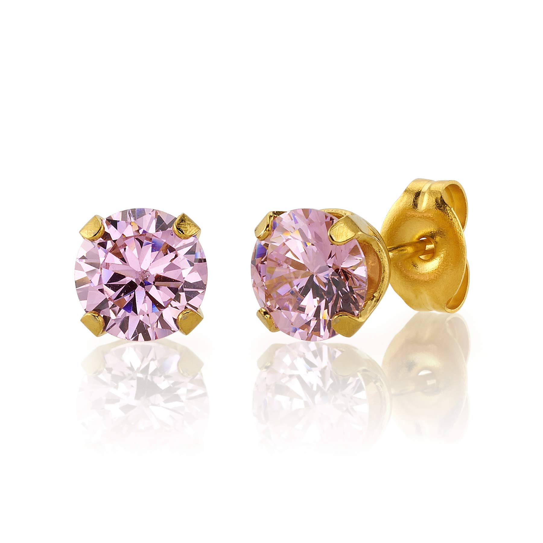 Sensitive Pink Cubic Zirconia Stud Earrings 6mm | Hypoallergenic and Nickel Free for Sensitive Ears | Gold Plated Posts | High Fashion Earrings for Women and Men