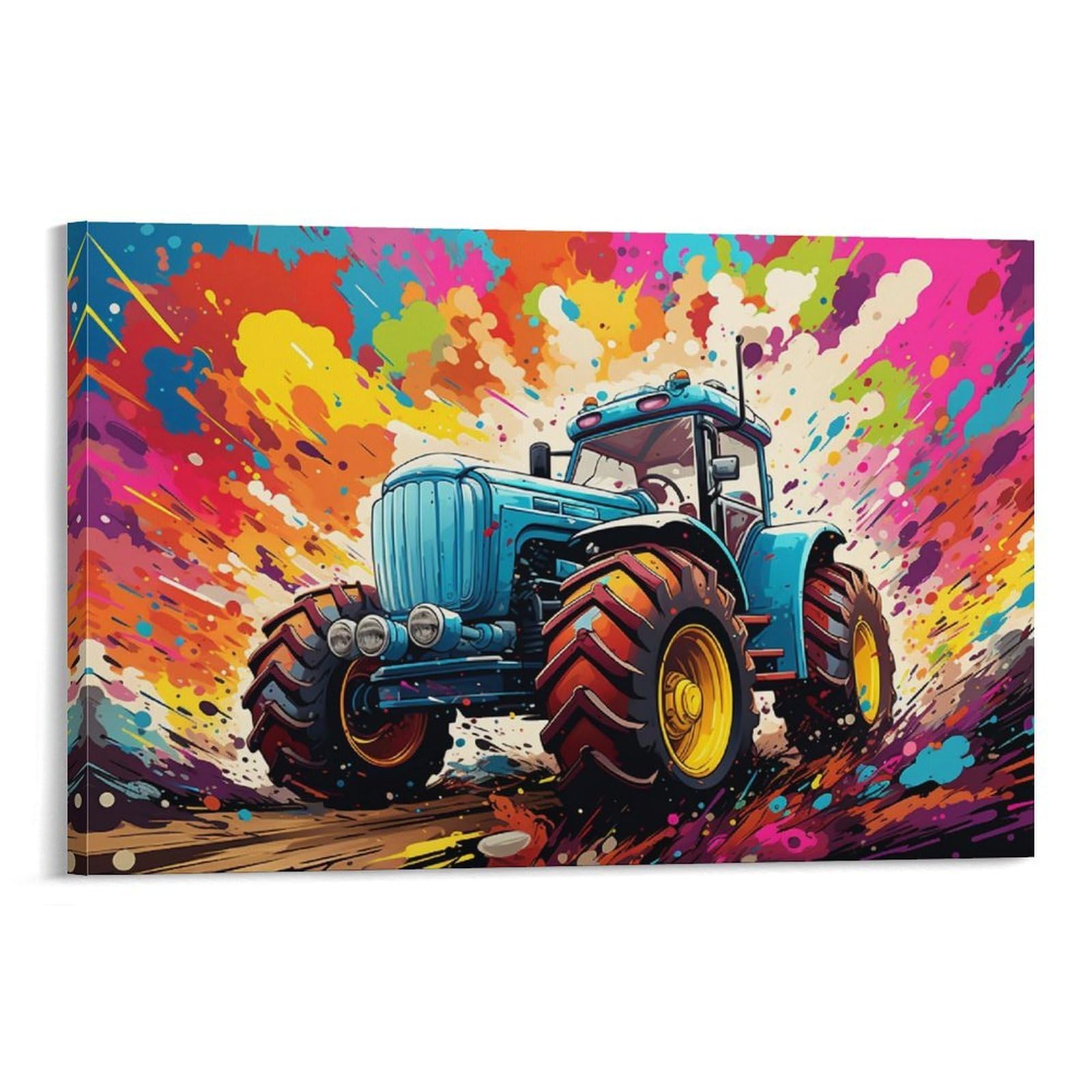 CPLVKWRQJ Bright Magical Colorful Single Piece Blue Tractor Color Splash Art Canvas Wall Decor - Office Canvas Print Fade Resistant Wall Focal Art Decor 20x30inch(50x75cm)