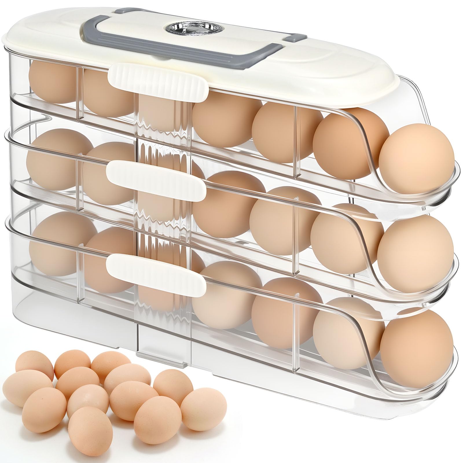 Egg Dispenser for Refrigerator, 3-Layer Clear Plastic Egg Holder Adopt Transparent PET Material & Hidden Handle Design – Egg Organizer for Refrigerator with Cover Lock Buckle (Capacity for 21 Eggs)
