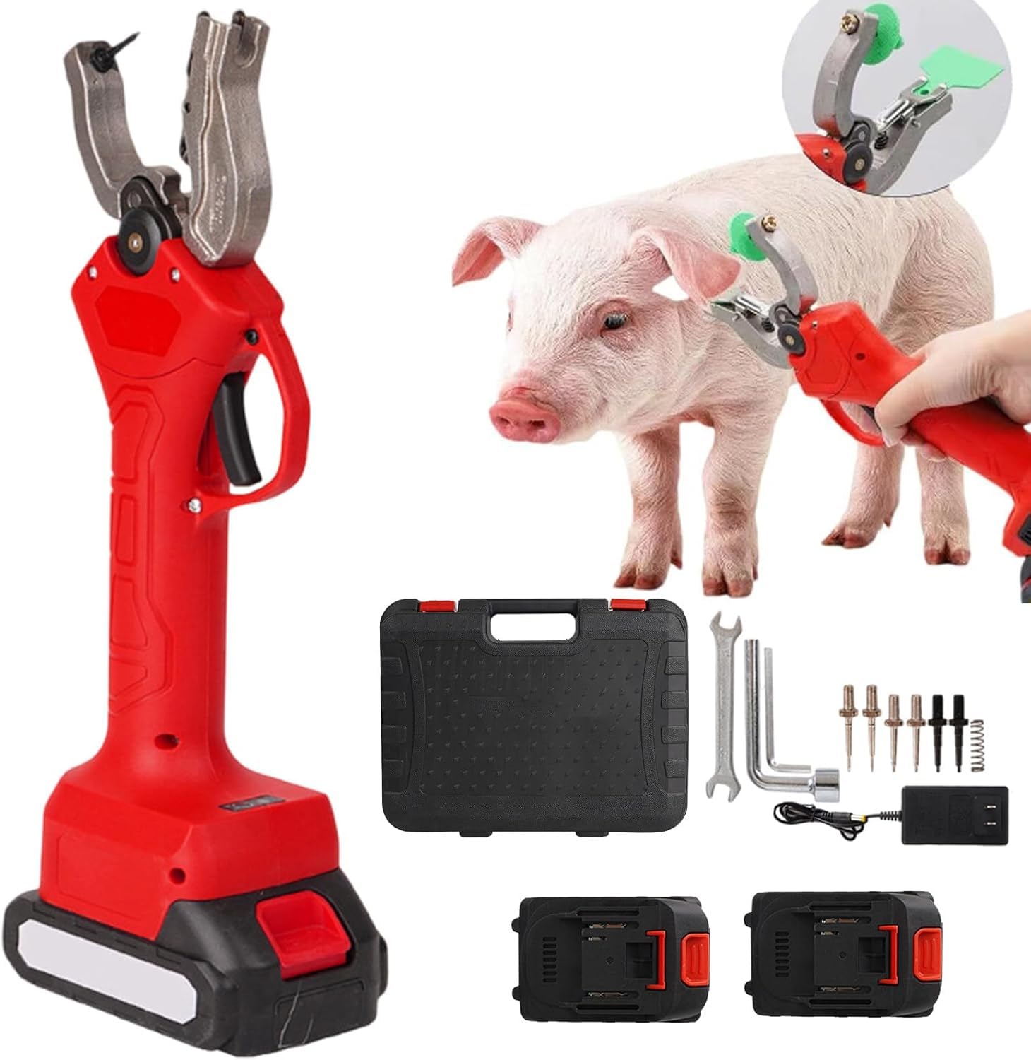 Alicates Eléctricos Inalámbricos para Colocar Crotales En Bovinos, Ovinos, Caprinos, Porcinos Y Vacas – Herramienta De Etiquetado De Ganado Alimentada por 2 Baterías De 1300 C 31 cm