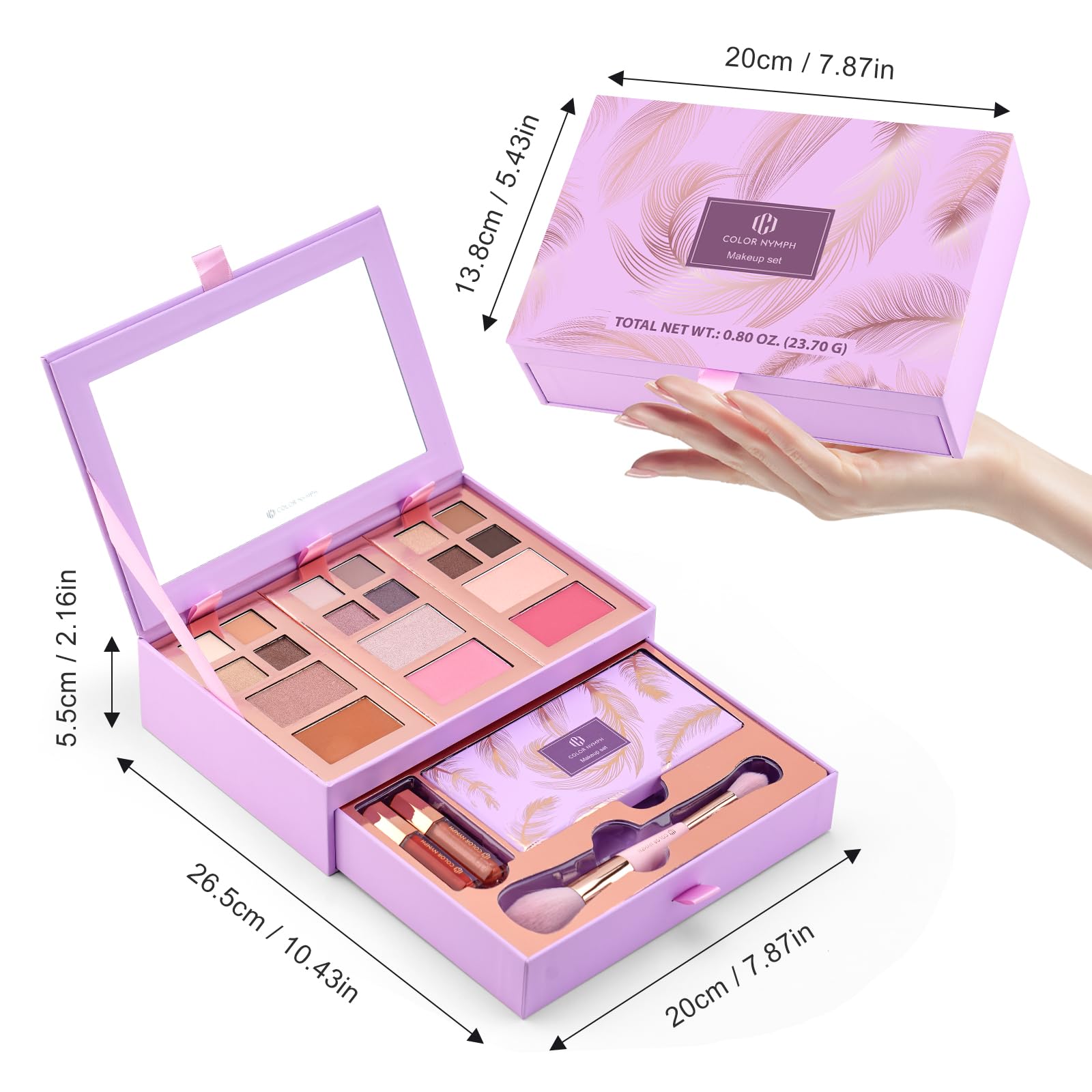 Color Nymph Kit completo de maquillaje, colores de moda 2025, libre de crueldad, perfecto para uso diario, festival, fiesta y aspecto profesional, con almacenamiento de joyas desmontable, regalo ideal