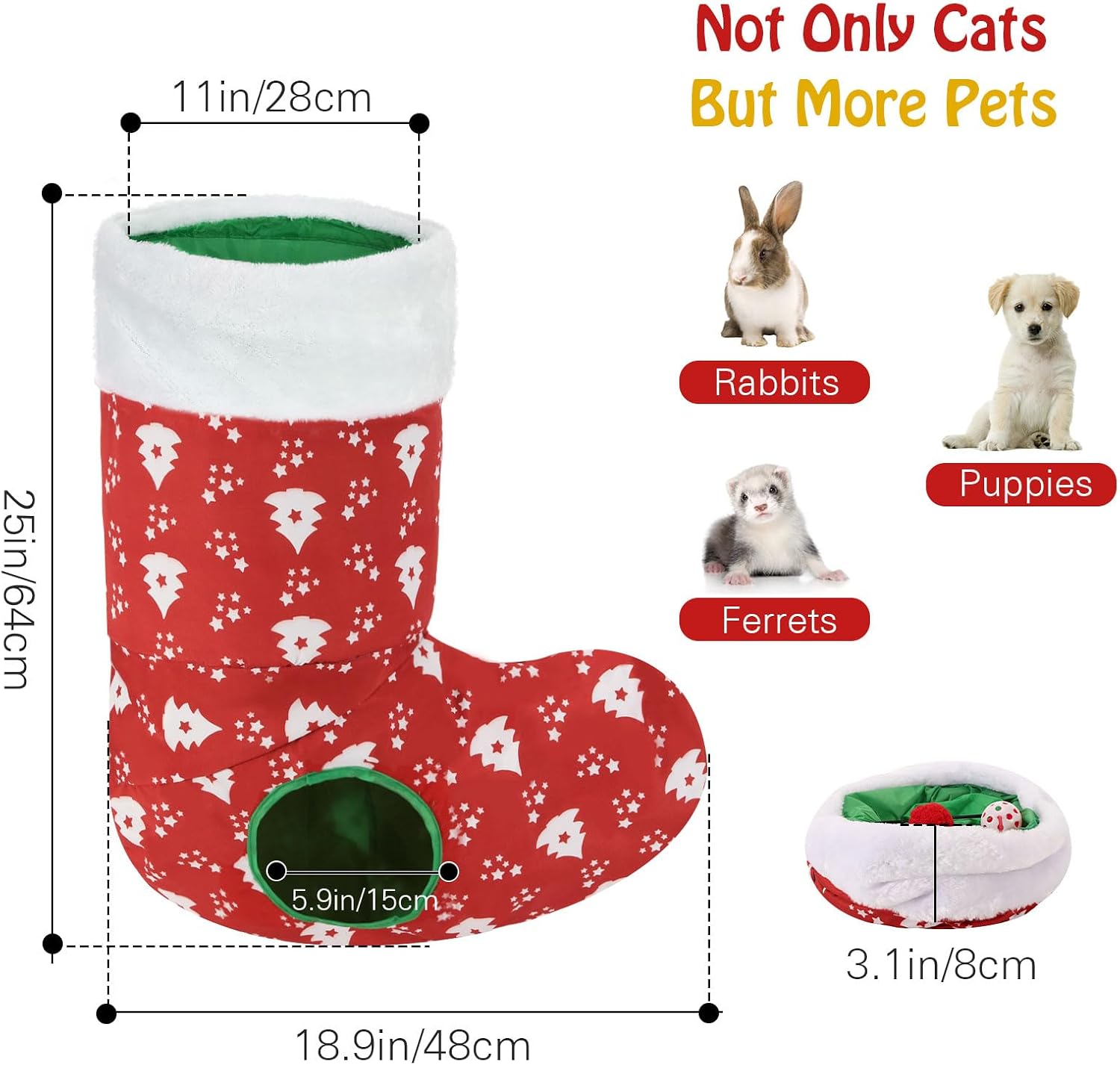 Pawaboo Cat Tunnel Christmas Sock with Bell Balls, Upgraded 2 Way Cat Tunnel Interactive Toy, Pet Xmas Stocking with Crinkle Paper & Strong Spring-Steel Frame for Cat Kitten Kitty, Red Christmas Tree