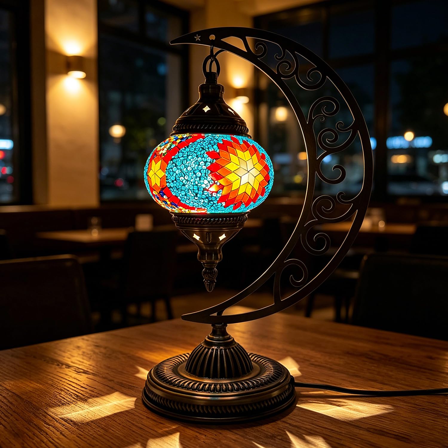 shulovehua Turkish Lamp Moon Shaped USB Powered Bohemian Turkish Moroccan Style Bedside Lamp Mosaic Stained Glass Table Lamps with Bronze Base H 15.35in for Dining Room Balcony Decor(Colorful22) — image 1