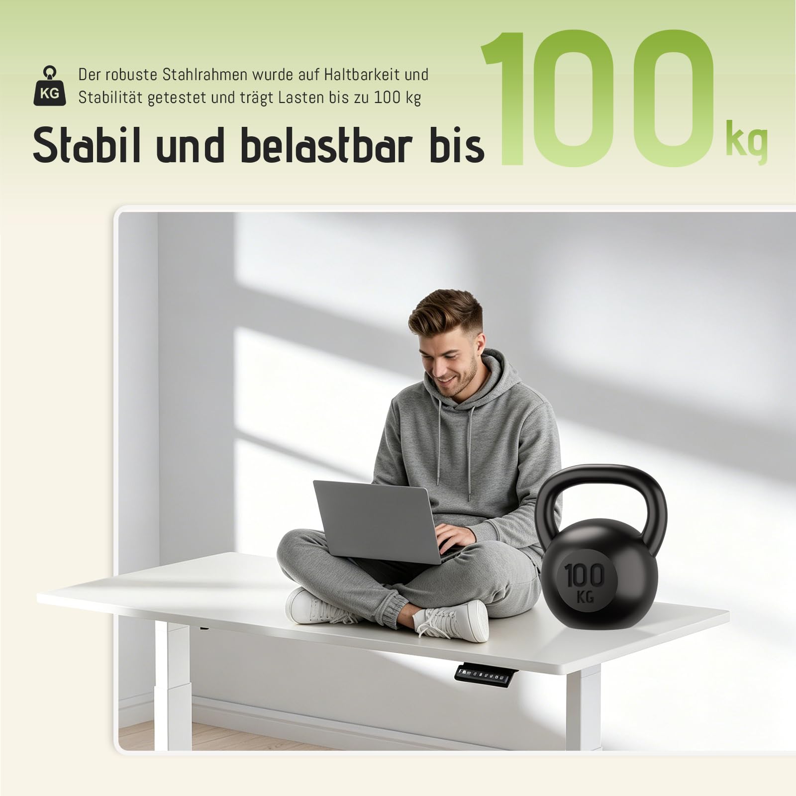 Höhenverstellbarer Schreibtisch mit 2 Motoren, 25 mm starker, einteiliger Nahtloser Tischplatte, mobiler elektrischer Computertisch – perfekte Ergonomie für Ihr Büro (Weiß+Weiß Frame, 140cm*70cm)