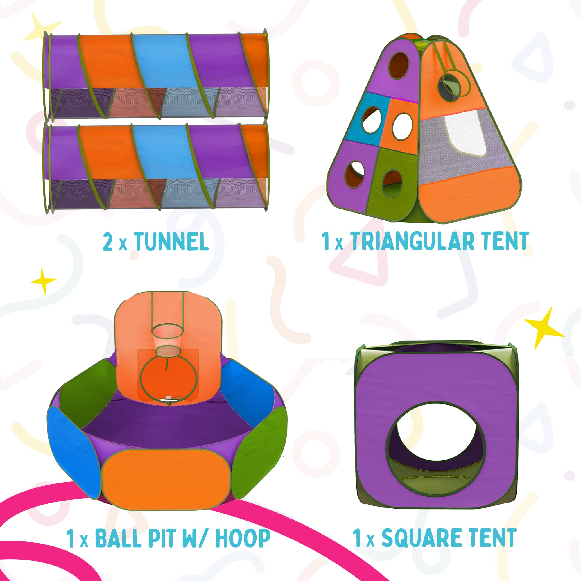 Playz 5-Piece Kids Pop up Play Tent Crawl Tunnel and Ball Pit with Basketball Hoop Playhouse for Boys, Girls, Babies, and Toddlers (Purple, Orange, Yellow, Red, Blue)