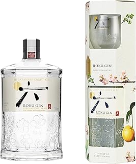 Roku Gin, Gin Artigianale Giapponese, Confezione Regalo con Bicchiere, Equilibrato nei Sapori e Multistrato, Composto da 6 Botaniche, 43% Vol. - 1 Bottiglia da 700ml con Bicchiere