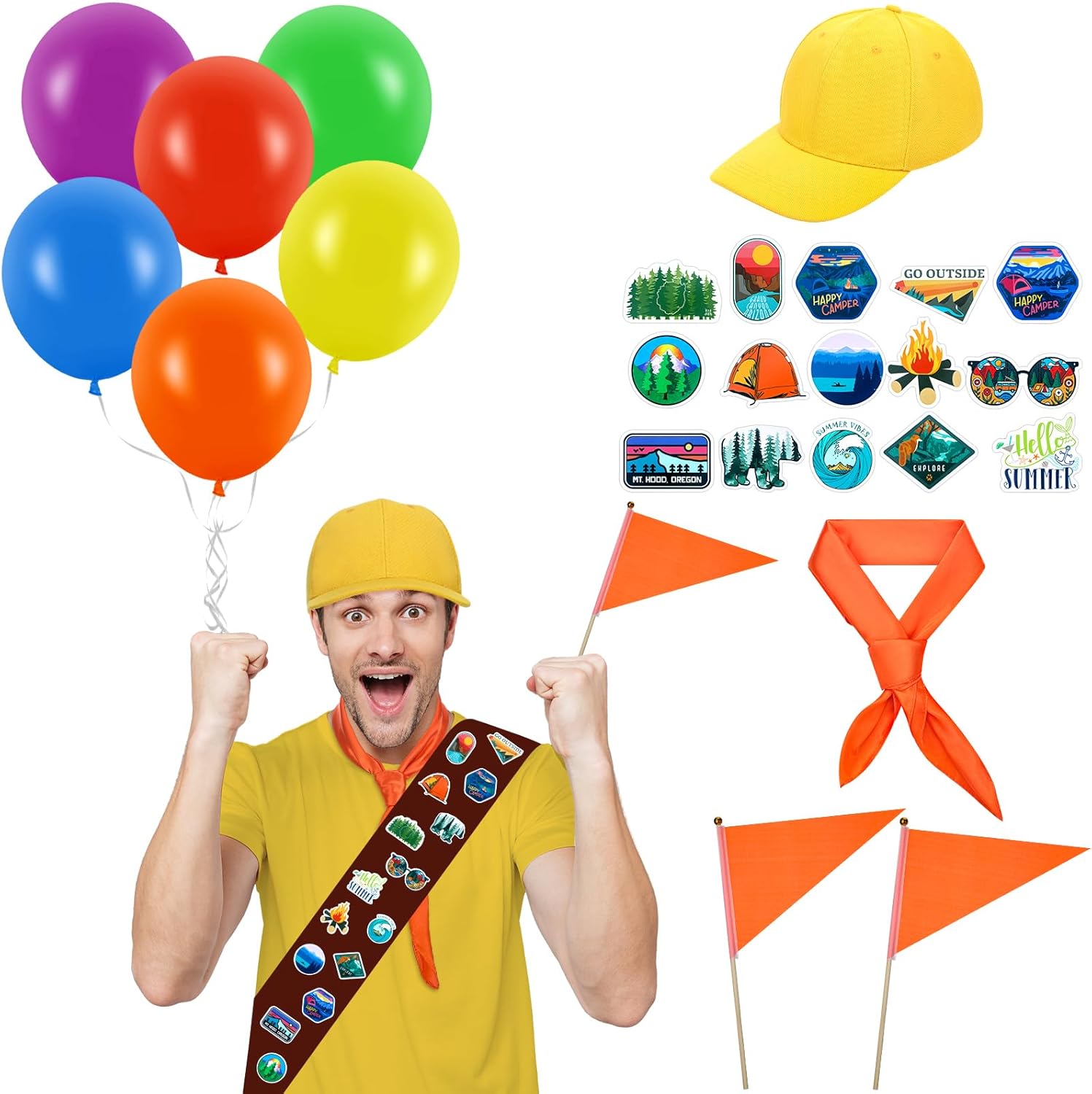 37 Pcs Scout Costume Costume Sets with Adventure Patches Hat Neck Scarf and Balloons Flags for Halloween Explorer Cosplay Set