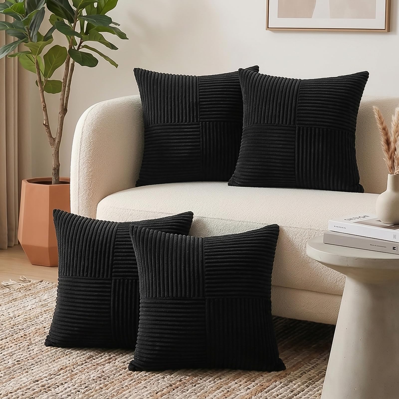 Sungeek Black Decorative Cushion Covers Set of 4 Soft Corduroy Striped Cross Patchwork Textured Pillow Cover Solid Boho Farmhouse Throw Pillow Cases for Sofa Couch Bedroom Living Room 45x45cm