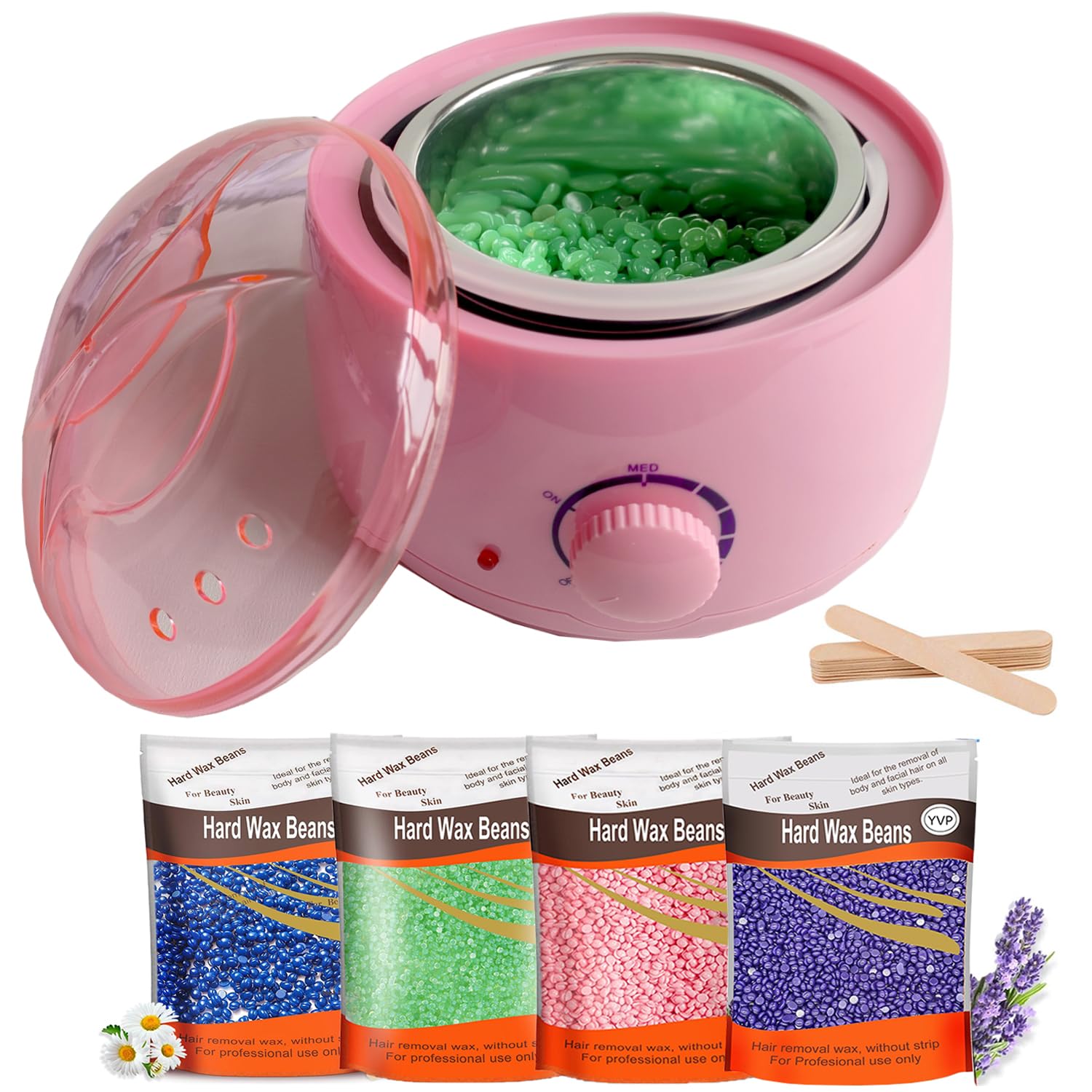 Wax Melt Warmer Kit for Women Men Hair Removal,Waxing Kit with Wax Bean Heater+4 Packages of Wax Beans+10 Wax Sticks (Pink)