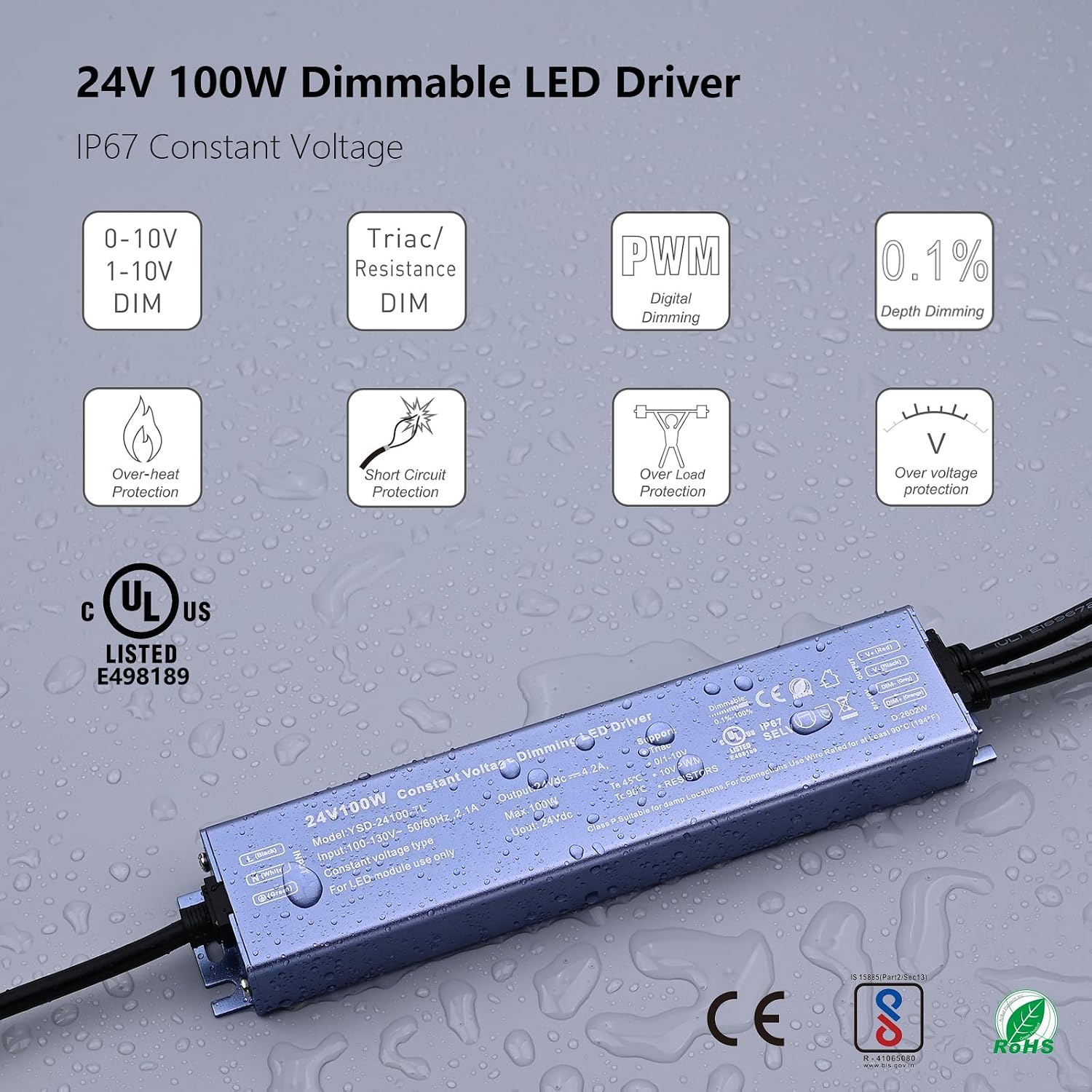BENLUN Constant Voltage 24V 100W 4,17A Dimmable LED Driver, 5 in 1 Dimming LED Power Supply IP67 Waterproof, AC 110V Triac LED Transformer for Strip Light, Computer Project, Outdoor Light