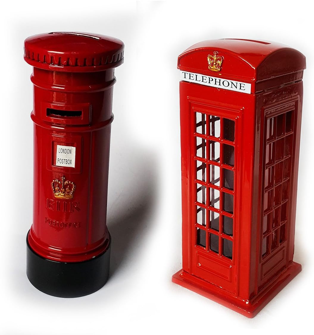 E London British Style Set Of Telephone Booth & Letter Box Metal Piggy Money Bank Kids Coin Saving Pot Box Souvenirs