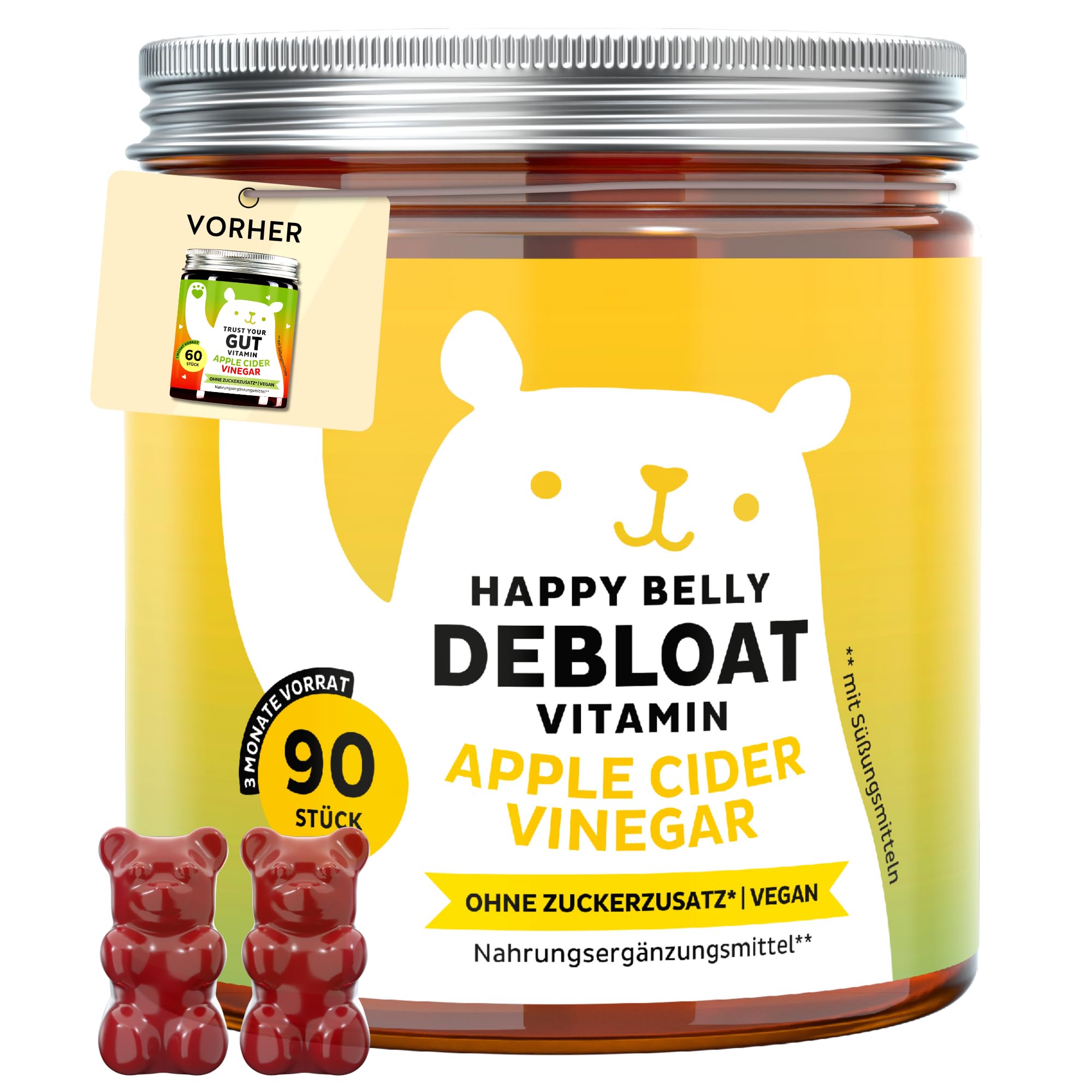 Happy Belly Debloat Vitamin (GUT) – Enthält insgesamt 22.500mg Apfelessig über das gesamte Programm, mit Vitamin B6 und B12 – 90 Stück (3 Monate) – Ohne Zuckerzusatz, Vegan – Bears with Benefits