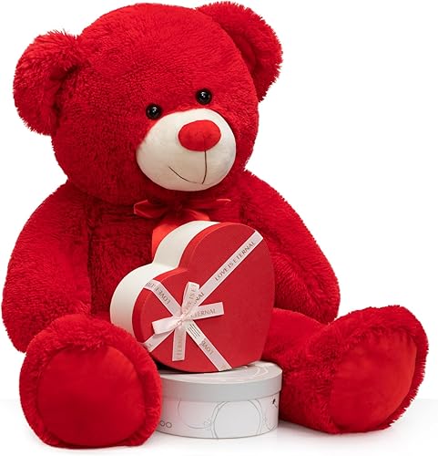 Miniatura 10 de Enorme oso de peluche gigante con lazo de cinta roja para el día de San Valentín, regalo para novia y niños, 36 pulgadas, chocolate