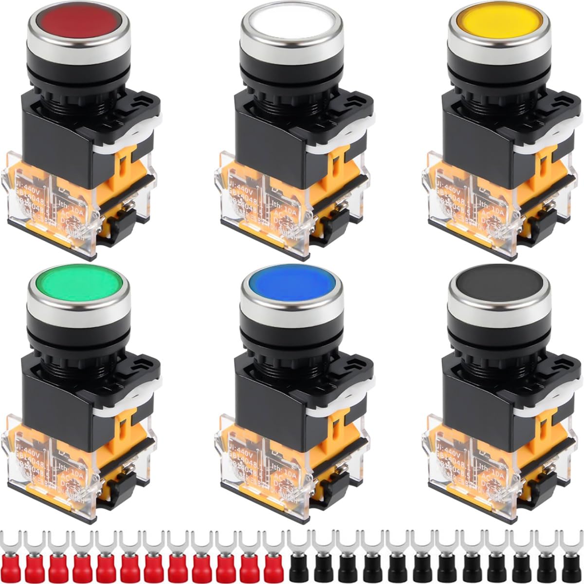 DAOKAI 22mm Momentary Push Button Switch 440V 10A Push Type LA38-11 1NO 1NC Switch (Red/Bule/Green/White/Yellow/Black) 6 Color with 24 Pcs Fork Terminal