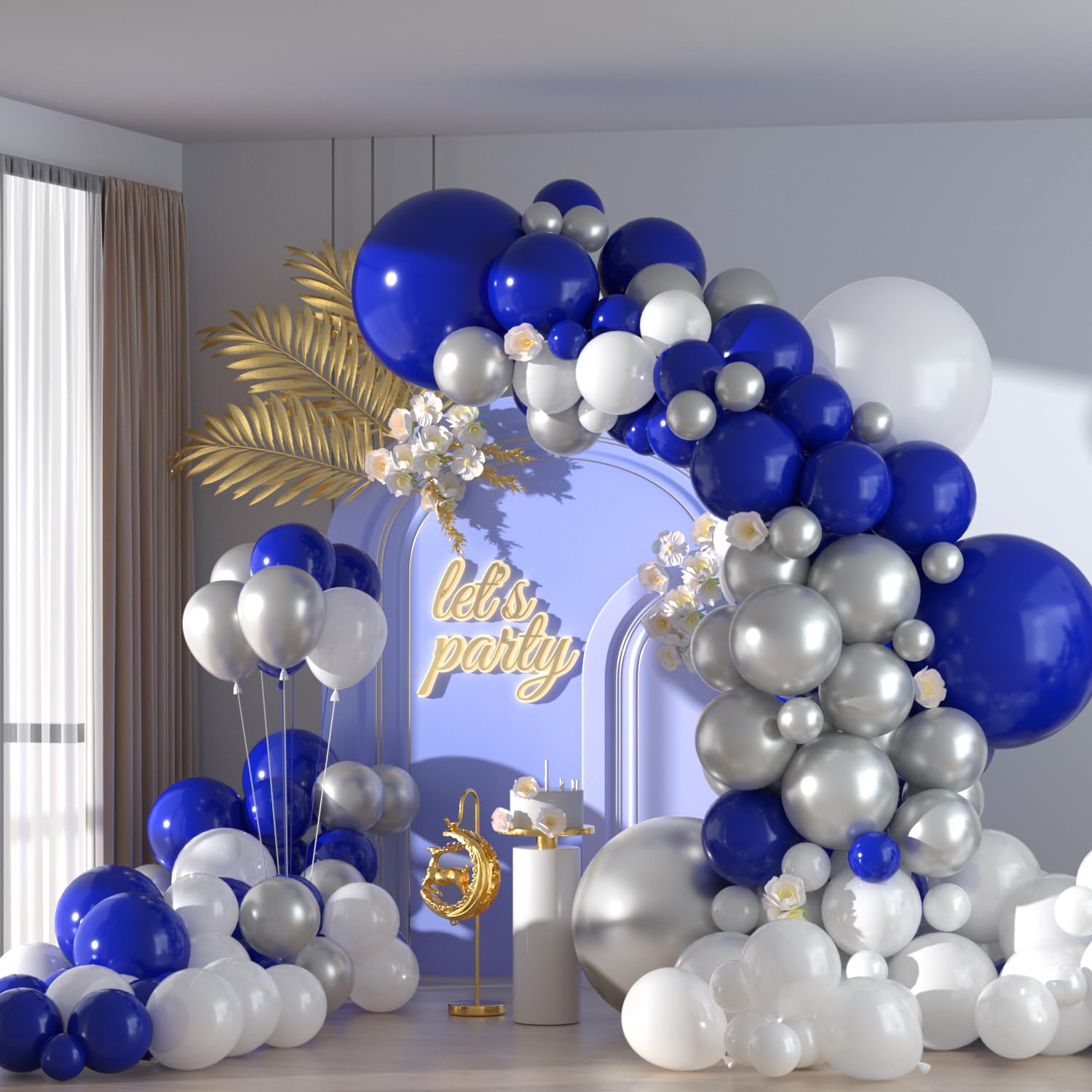 136pcs Blue White Silver Balloon Garland Kit - 18/12/10/5 Inch Royal Blue, Silver Confetti Balloon Arch for New Year, Graduation, Birthday, Father’s Day Decor