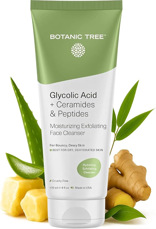 Botanic Tree Hydrating Glycolic Acid Cleanser - Exfoliating Face Wash - Face Cleanser for Women - Also with Ceramides & Peptides, Gently - for Dewy Bouncy Skin - 6oz