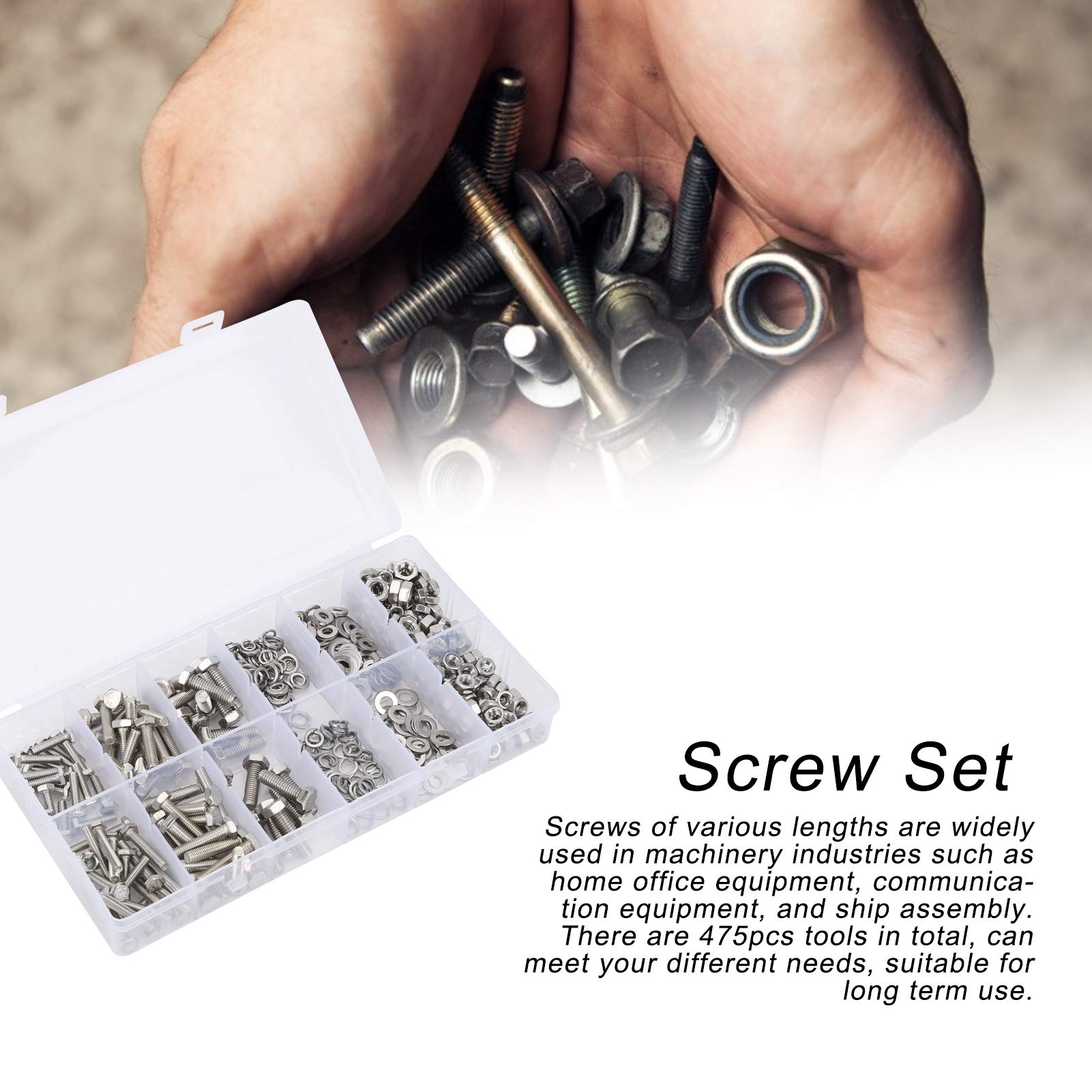 Sechskantmuttern und Bolzen Sortiment Kit, 475pcs M4-6 16-25 mm 304 Edelstahl Sechskantschrauben Muttern Dichtung für Maschinenindustrie in Home Office-Ausrüstung und Schiffsbaugru