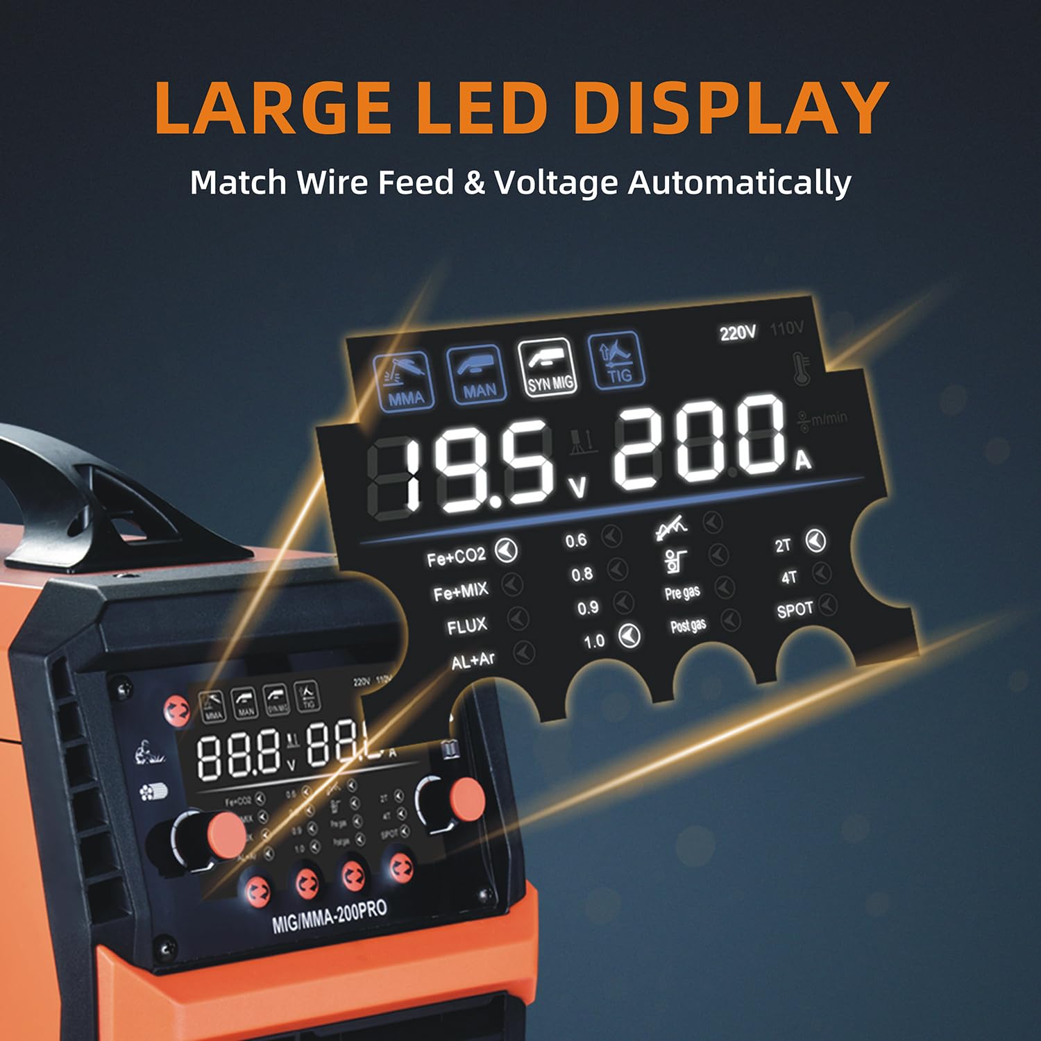 Spawarka MIG, 200 A Synergic Mig Spawarka 4 w 1 Gazowa MIG/Flux Core MIG/Stick/Lift TIG, podwójne napięcie 110 V/220 V, z falownikiem IGBT i wyświetlaczem LCD (MIG/MMA-200PRO)