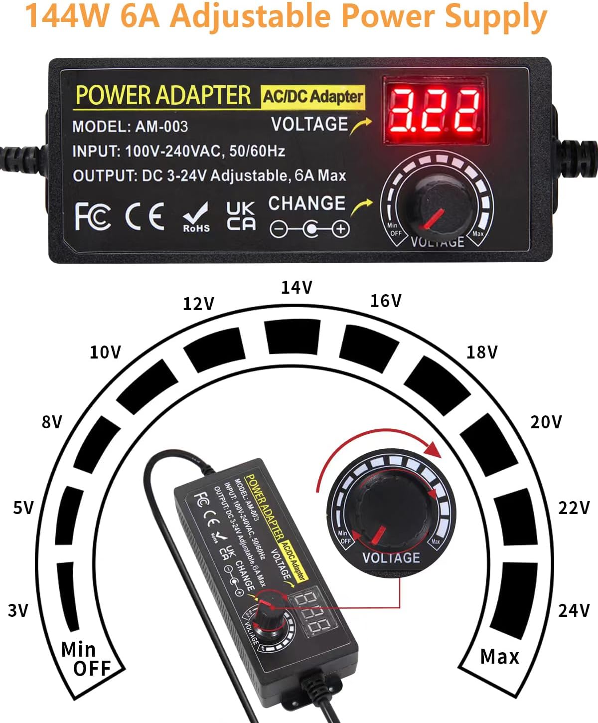3~24V 6A Adjustable Universal Power Supply Adapter 144W AOYADAISU DC Power Supply with Polarity Converter&14 Tips, 3V 5V 6V 9V 12V 15V 18V 19V 20V 24V 100V-240V AC to DC Converter for LED Strip Light image 2