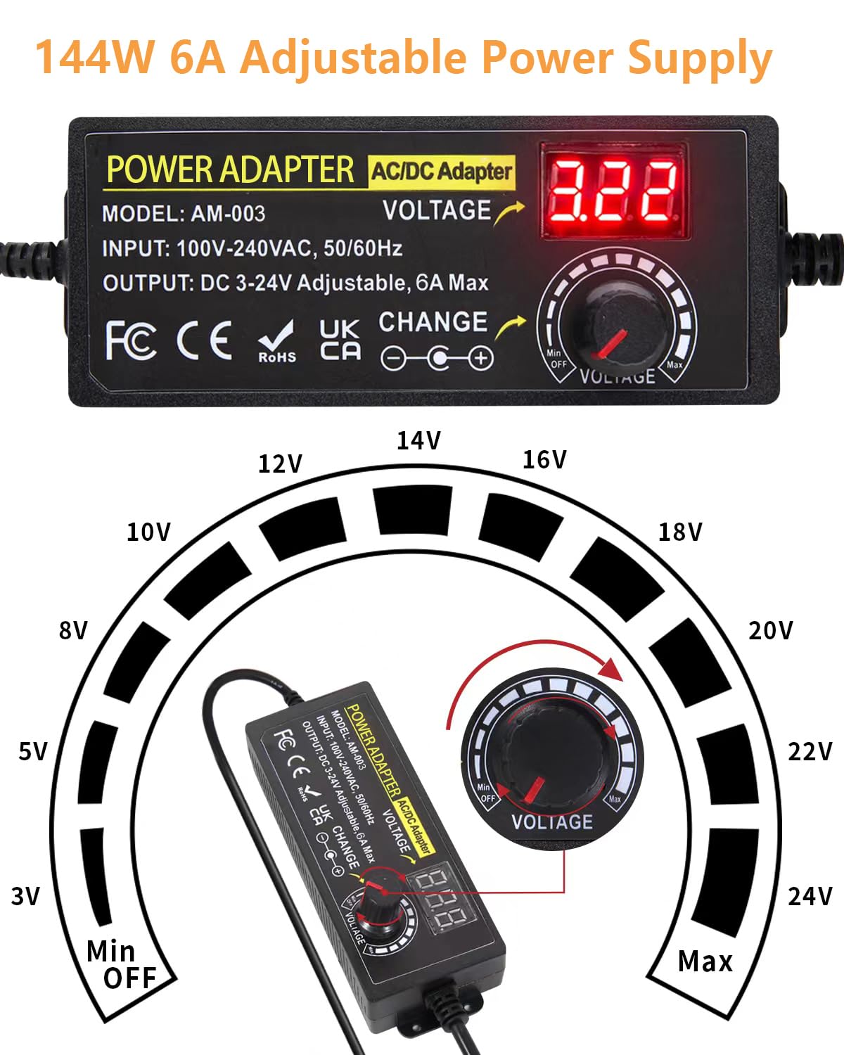 Fuente de alimentación ajustable de 3 ~ 24 V 6 A, adaptador de corriente universal de 144 W con enchufe de salida CC de 5,5 x 2,1 mm, convertidor de fuente de alimentación de CA a CC de 100-240 V