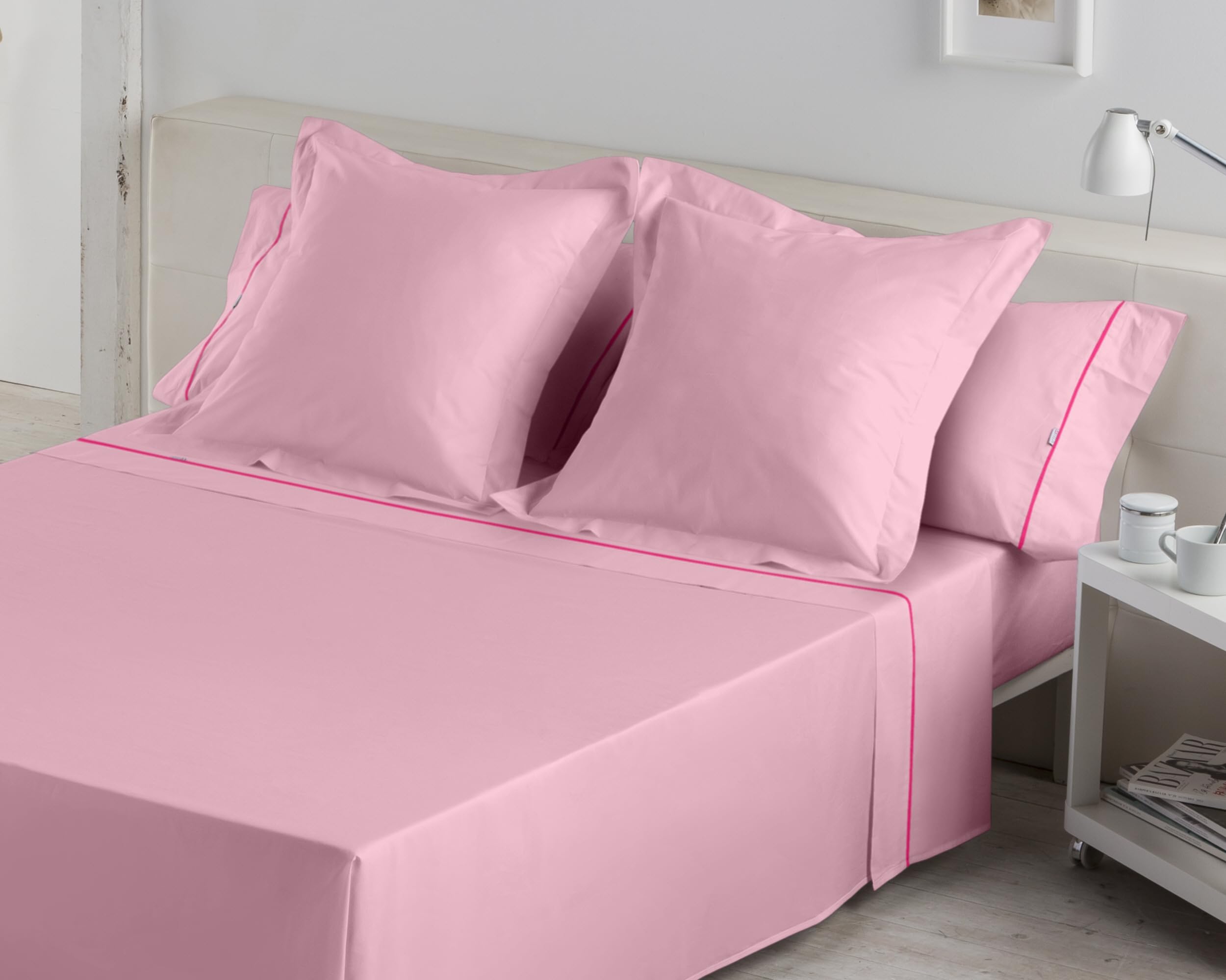 Juego de sábanas liso color rosa Cama de 150 (3 piezas) -50% algodón / 50% poliéster - 144 hilos. Gramage: 115