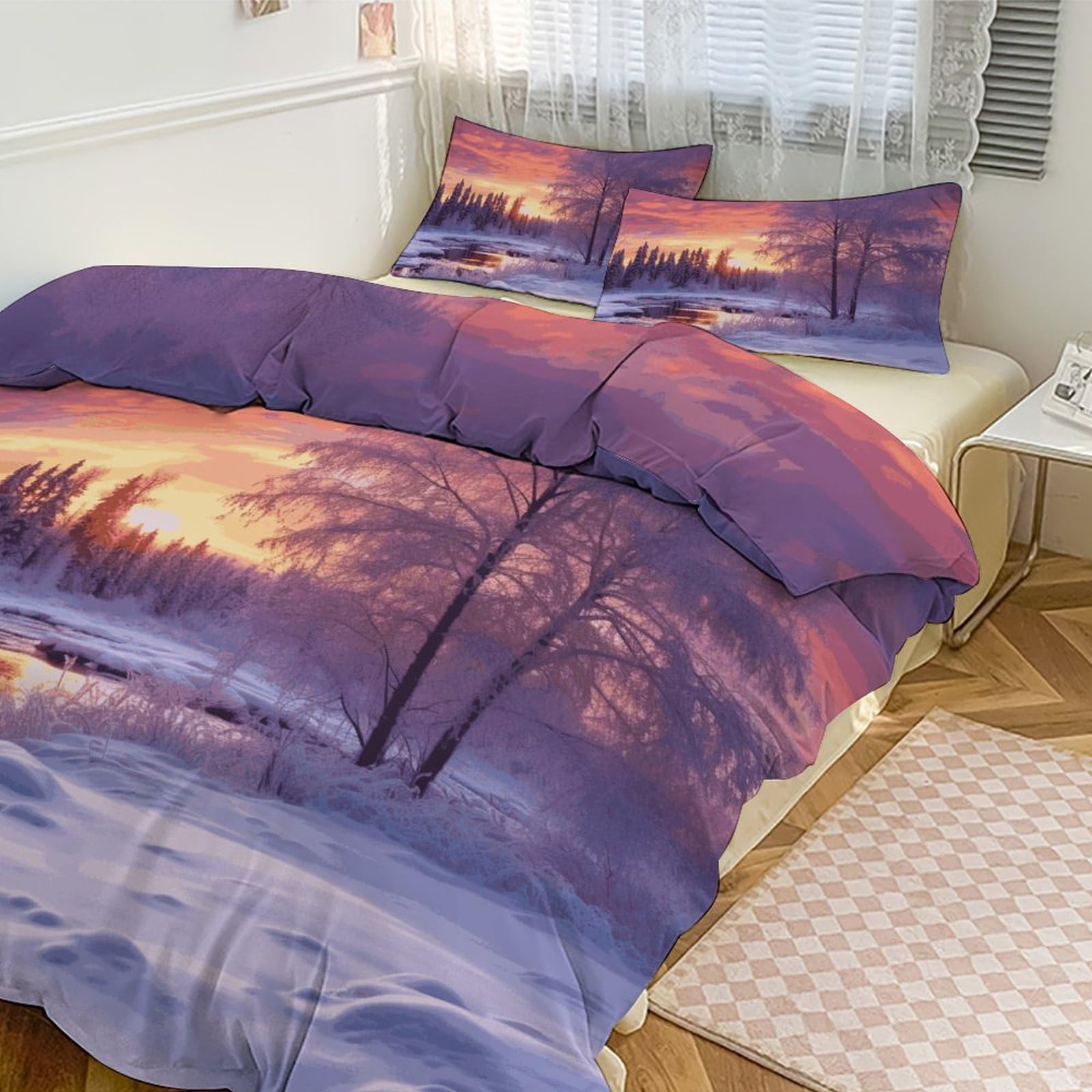 Couette grand lit épaisse et chaude parure de lit 3 pièces motif paysage d'hiver
